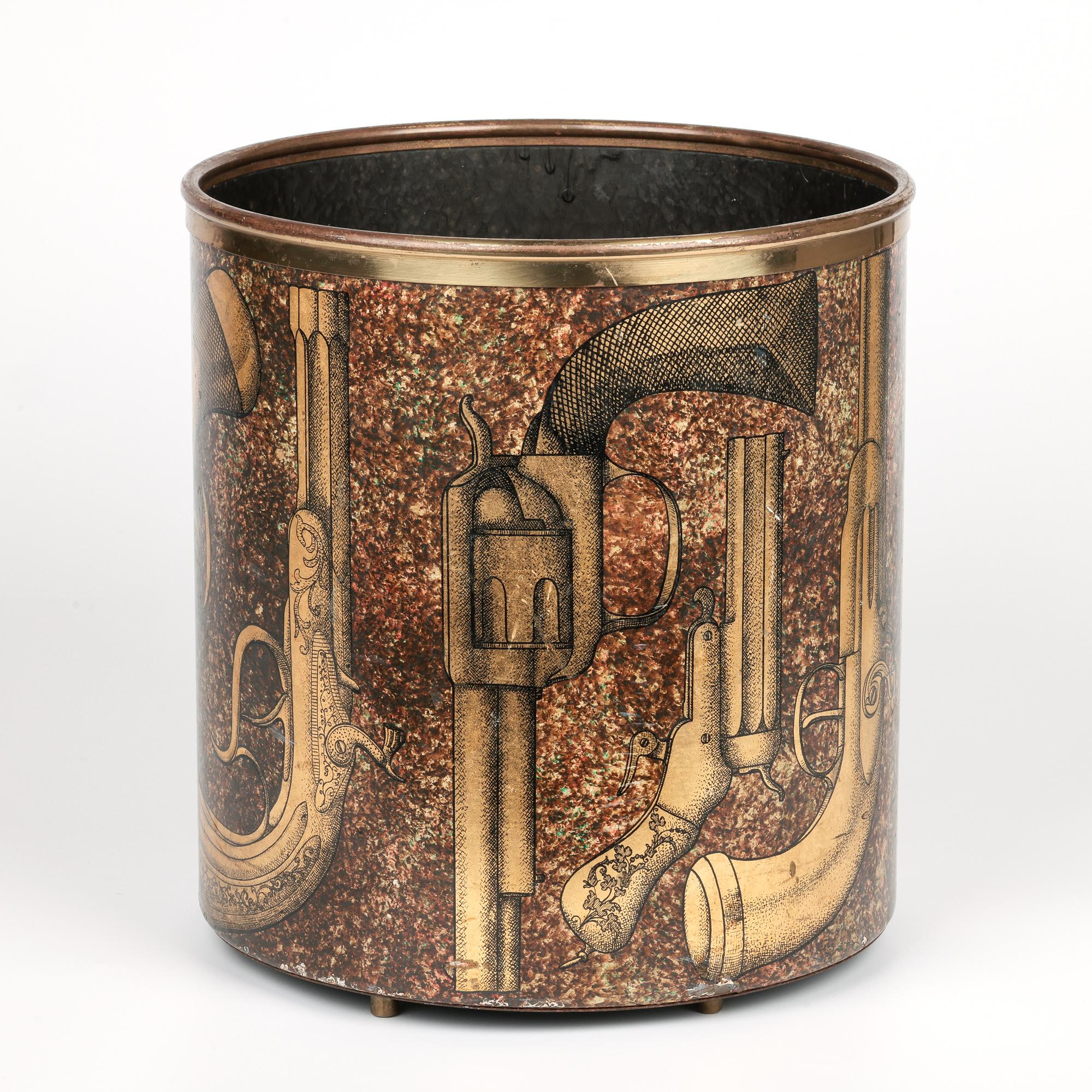 Piero Fornasetti Mid-Century Pistole Pattern Metal Basket or Waste Bin For Sale 1