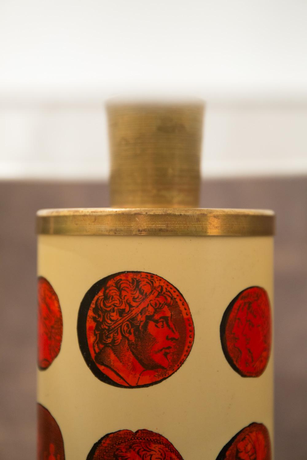 Italian Piero Fornasetti Style Modern Cylindrical Brass Cammei Lamp For Sale