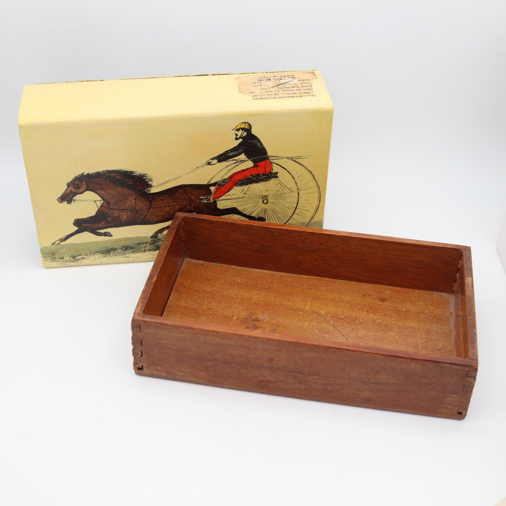 Mid-20th Century PIERO FORNASETTI Milano 1960 Enameled Sliding Box With Racing Car & Horse For Sale