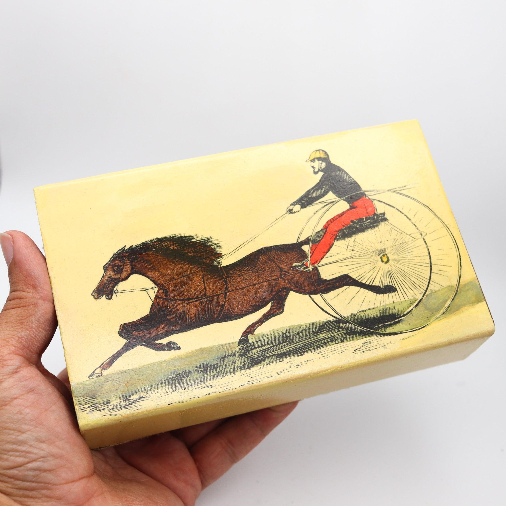 PIERO FORNASETTI Milano 1960 Enameled Sliding Box With Racing Car & Horse For Sale 1