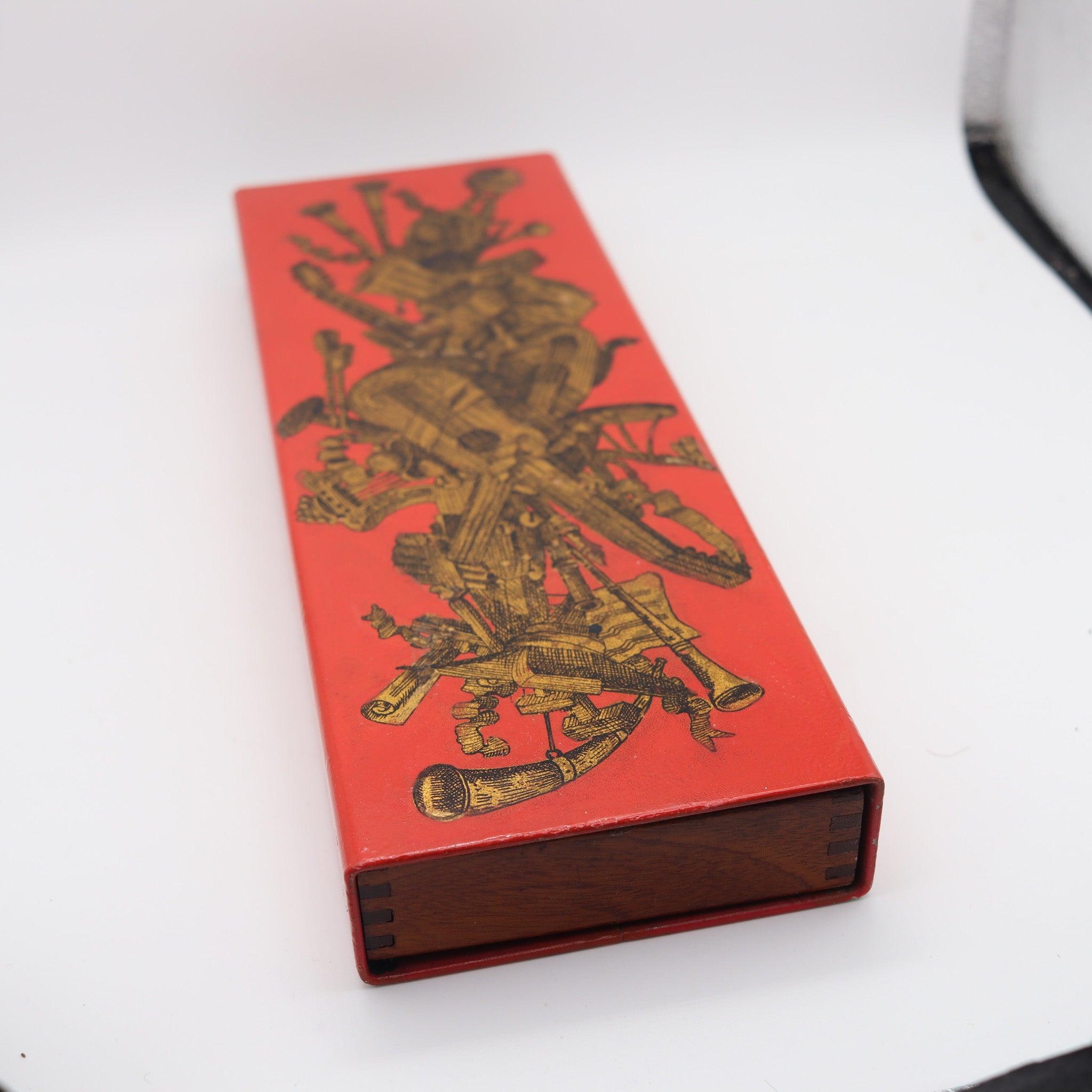 Mid-Century Modern PIERO FORNASETTI Milano 1960 Red Enameled Sliding Box Music Instruments