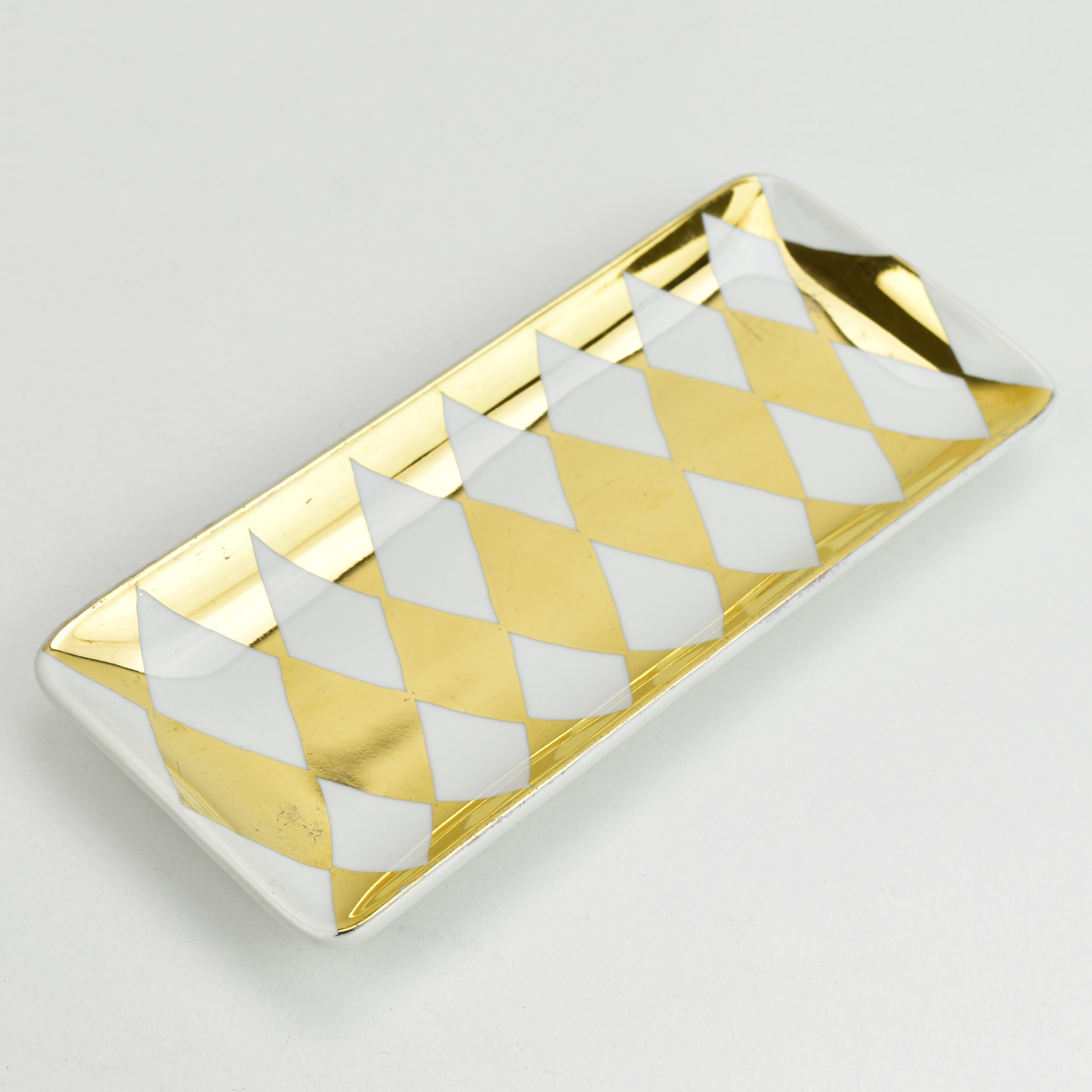Mid-Century Modern Piero Fornasetti Milano Porcelain Jewelry Pin Dish Vide Poche Gold Pattern For Sale