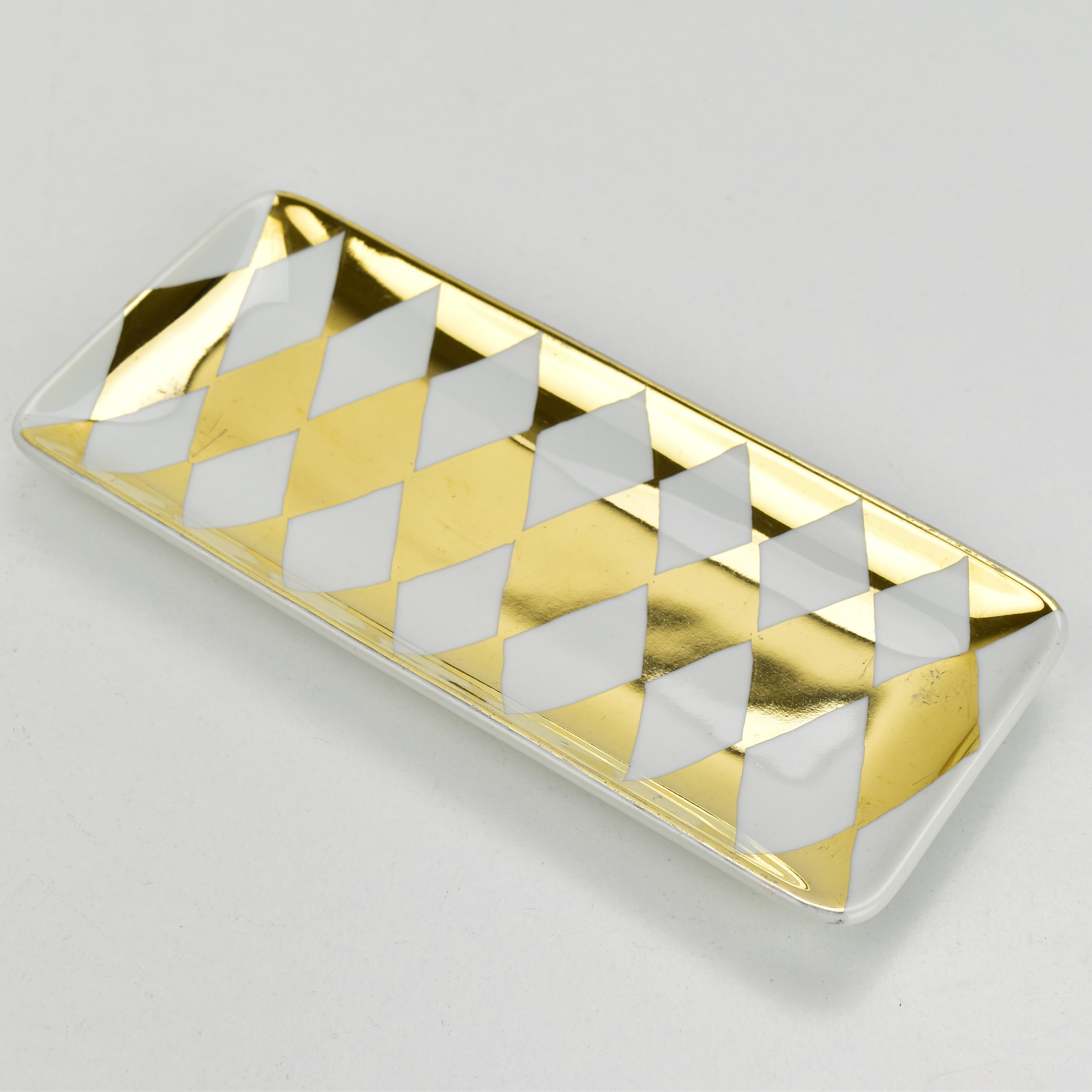 Italian Piero Fornasetti Milano Porcelain Jewelry Pin Dish Vide Poche Gold Pattern For Sale
