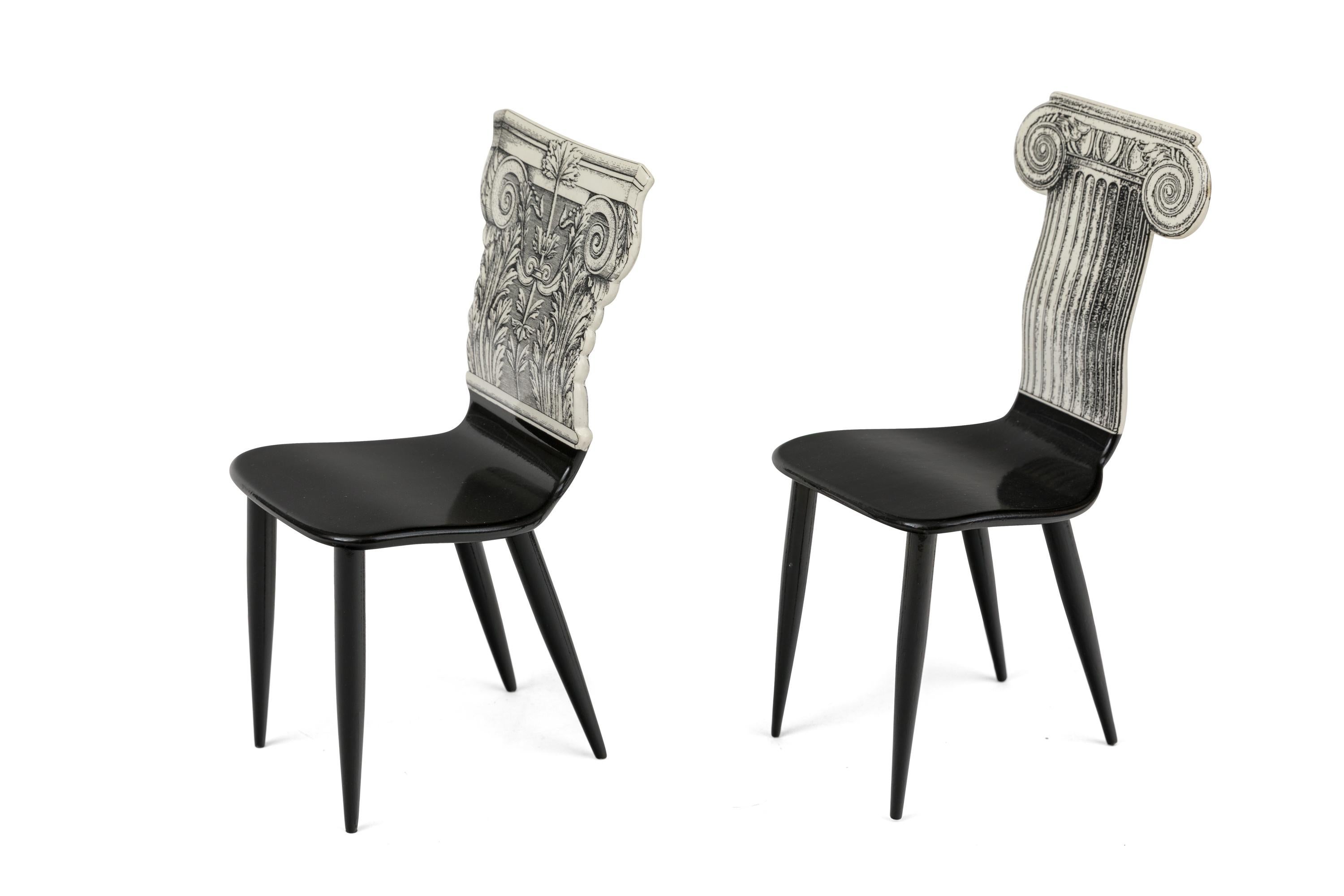 Unbelievably rare and wonderful. They may possibly be salesman's samples although I have not found any reference to that effect. The Capitello Ionico chair is 9.75