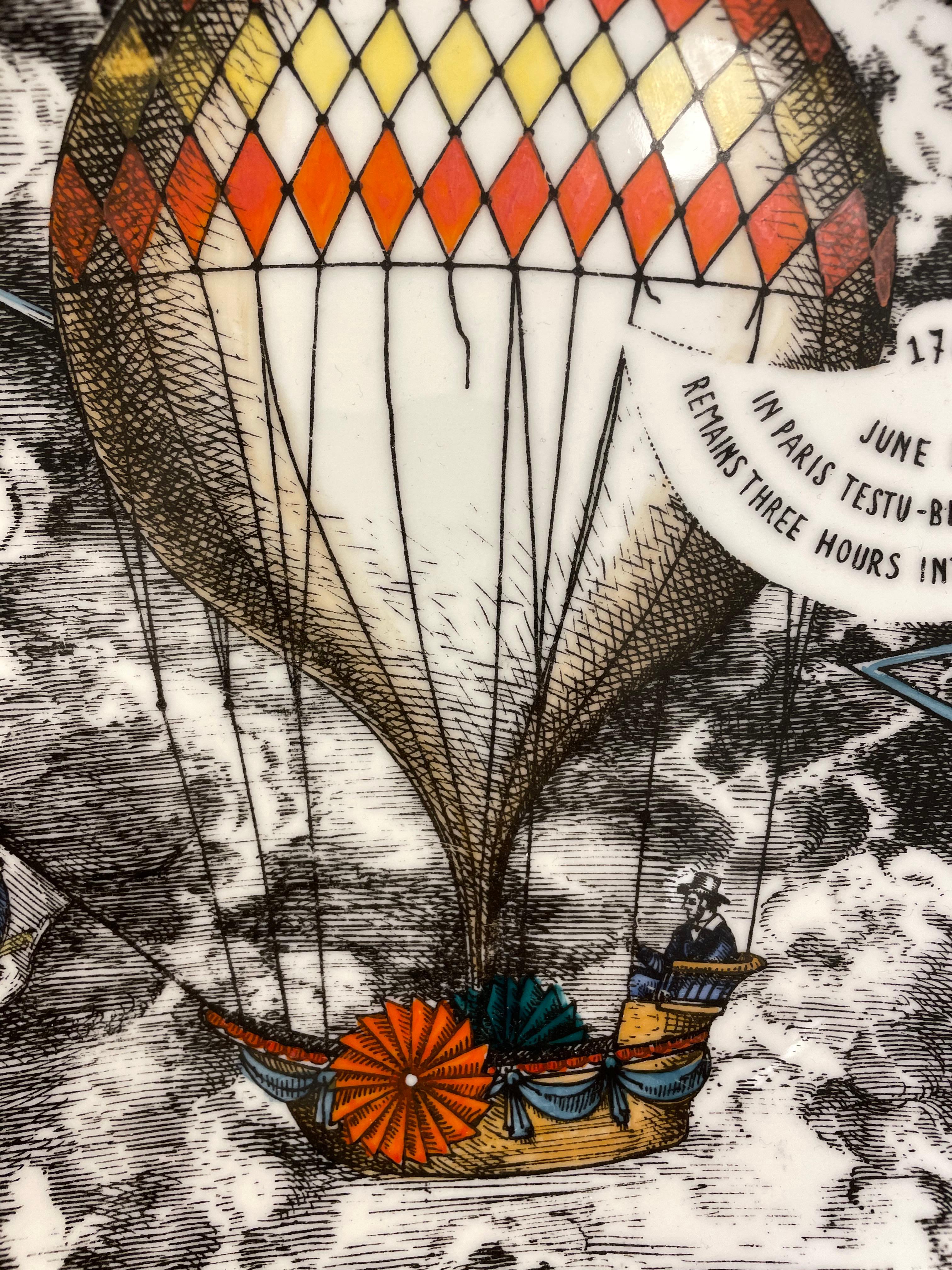 Piero Fornasetti plate from the “Mongolfiere” series depicting hot air balloons. Each is marked and dated on the back. Sold individually. $875.00 per plate. Set of 6.

Condition: 
Excellent vintage condition, minor wear consistent with age and