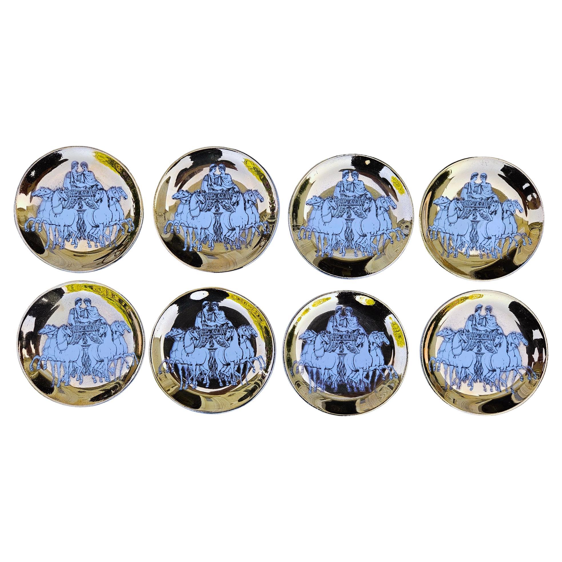 Piero Fornasetti Neo-classical Ceramic Coaster Set of Eight with Roman Chariots For Sale