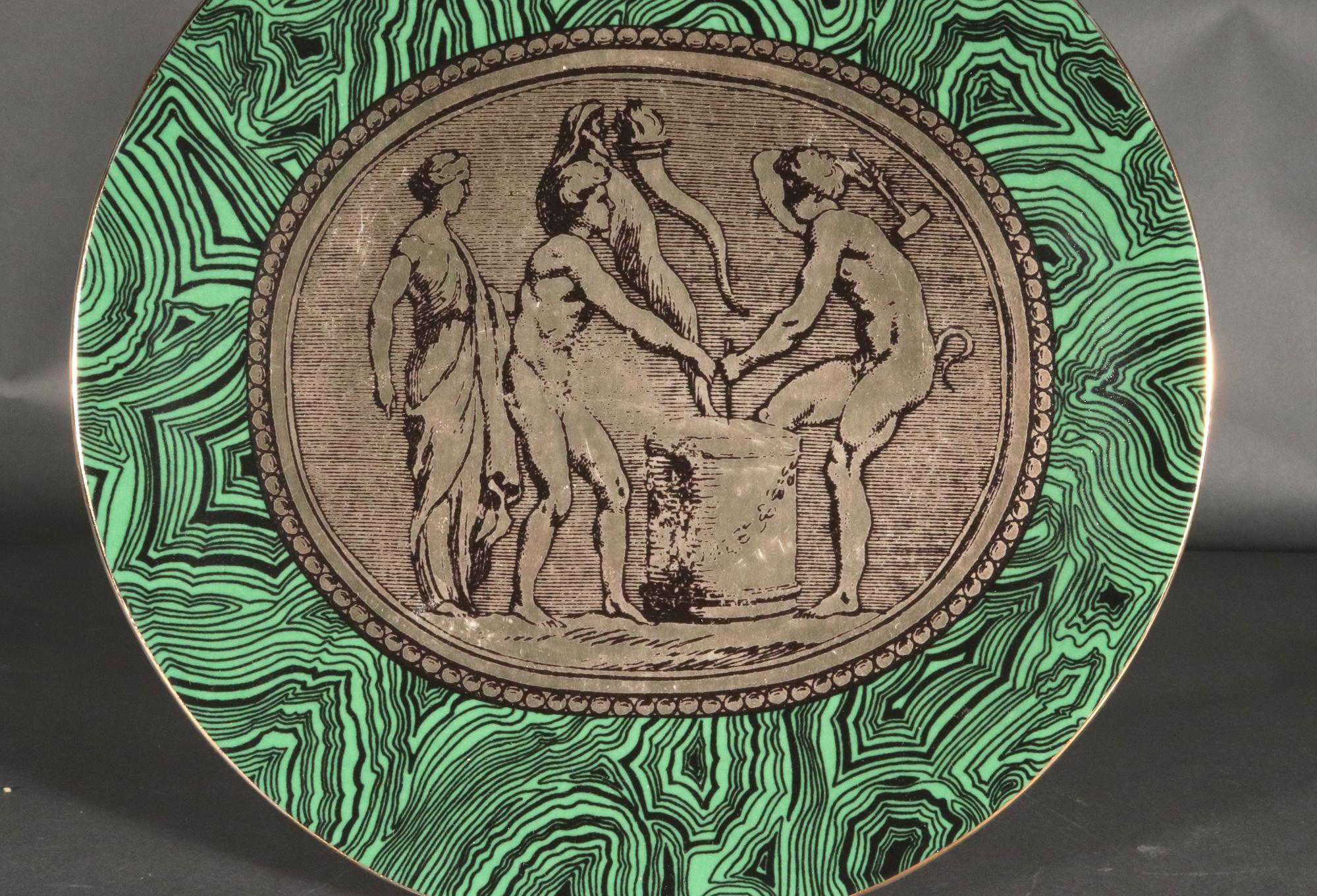 Mid-Century Modern Piero Fornasetti Neo-classical Porcelain Green Malachite Cammei (Cameo) Plate For Sale