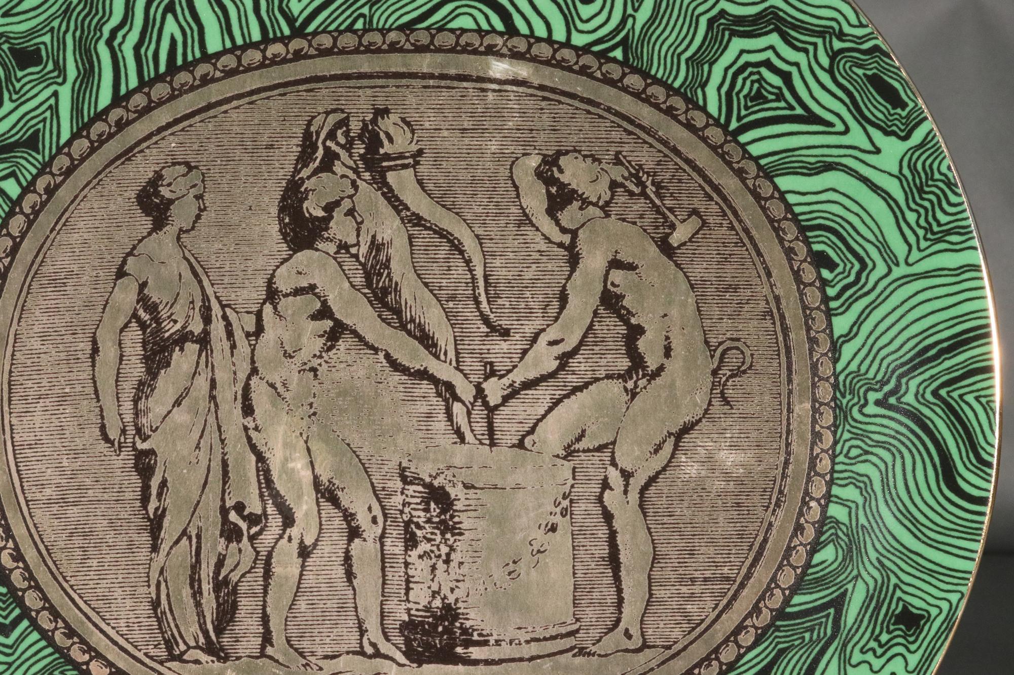 Mid-Century Modern Piero Fornasetti Neo-classical Porcelain Green Malachite Cammei (Cameo) Plate For Sale