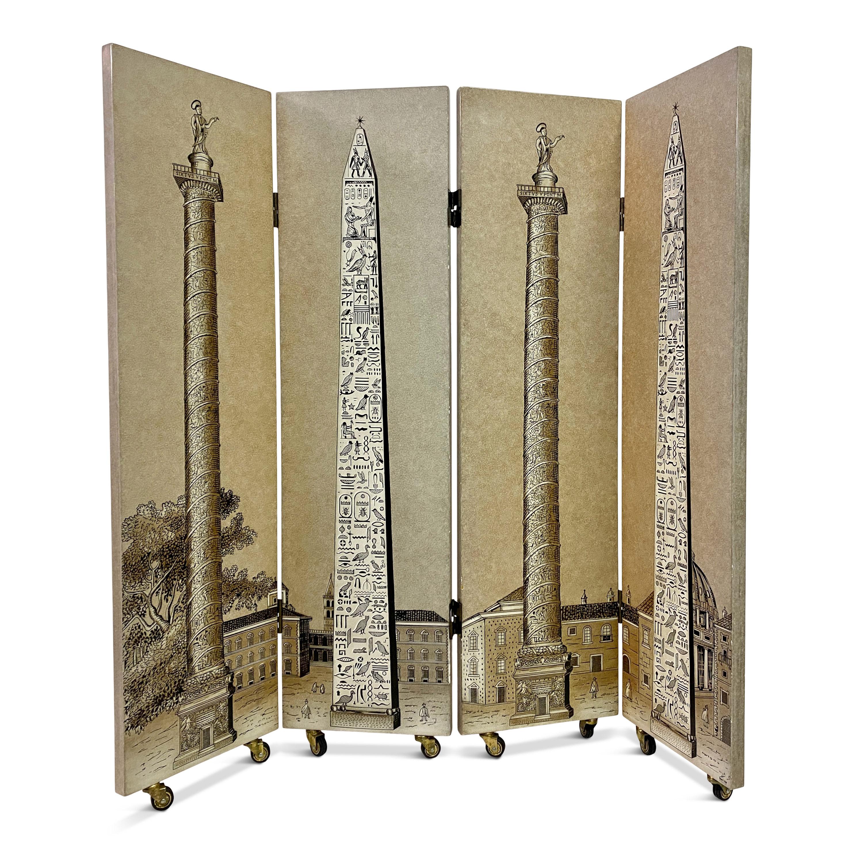Folding Screen

Obelischi or Obelisk

By Piero Fornasetti

Lithographic printed

Signed

On castors

Italy, late 20th century.