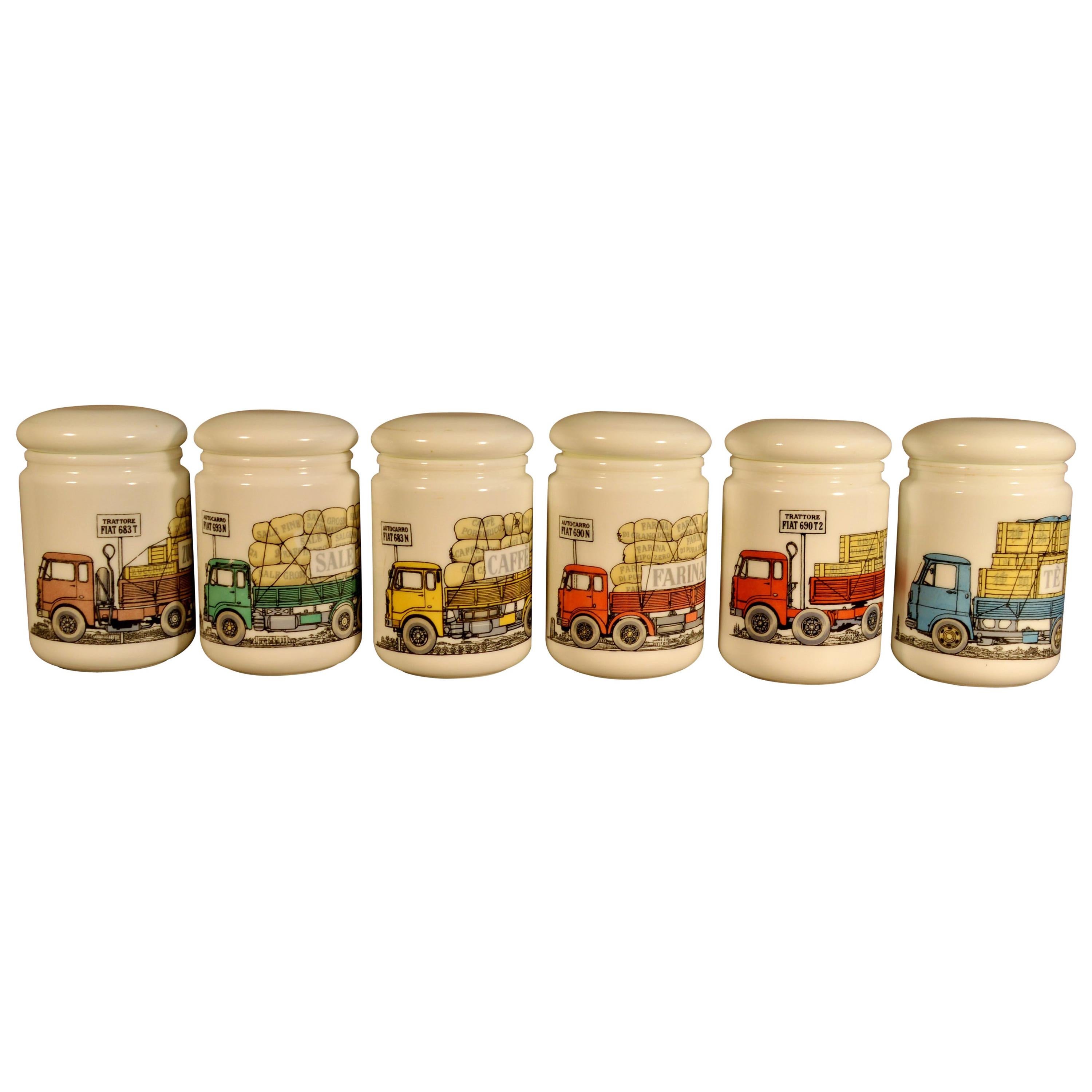 Truck Decorated Piero Fornasetti White Glass Jars and Covers Made for Fiat For Sale