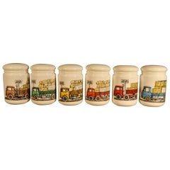 Truck Decorated Piero Fornasetti White Glass Jars and Covers Made for Fiat