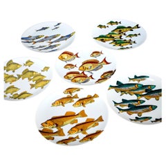 Piero Fornasetti "Pesci" Porcelain Plates, Set of Six Plates with School of Fish