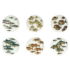 Piero Fornasetti "Pesci" Porcelain Plates, Set of Six Plates with School of Fish