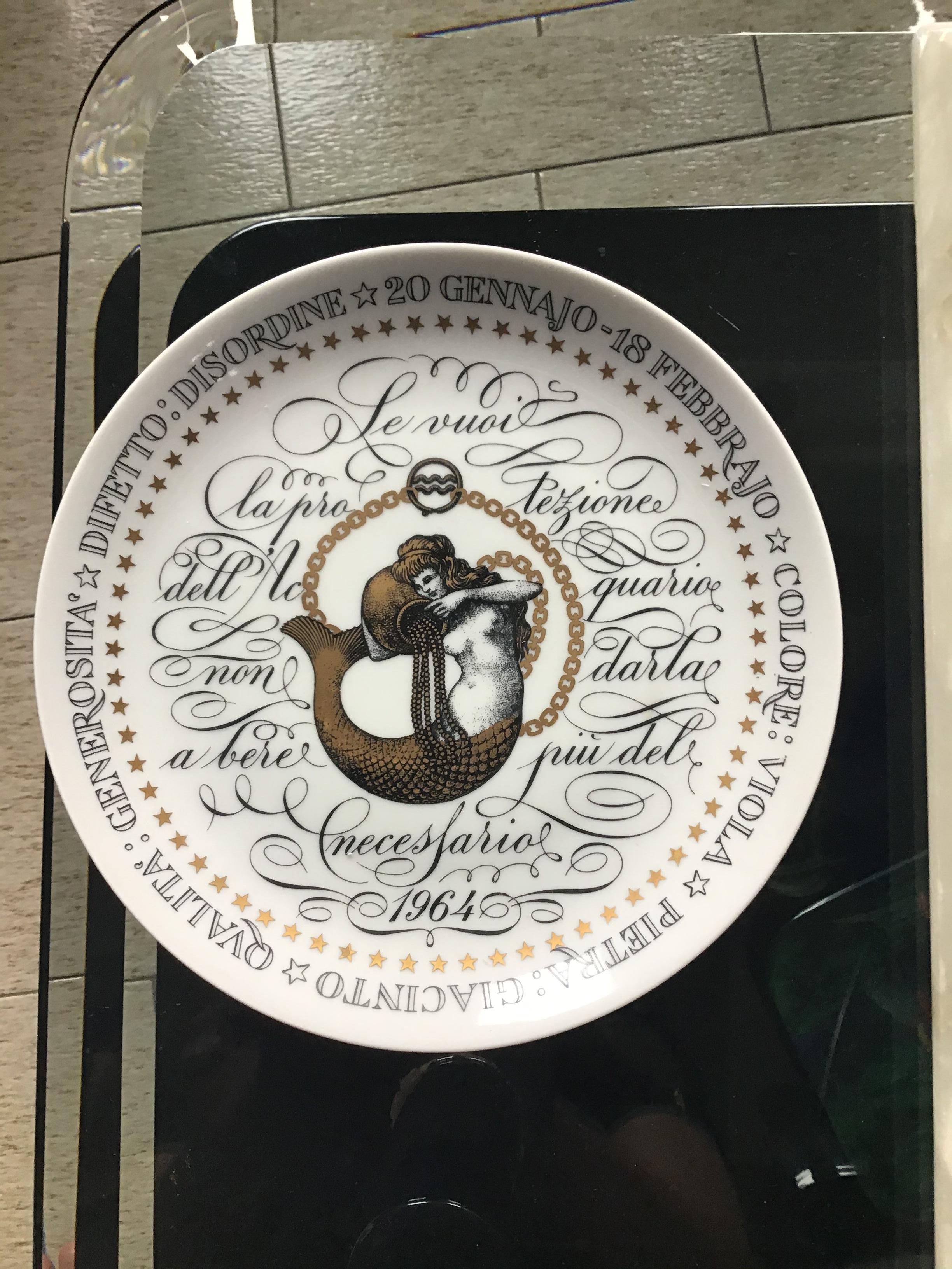 Mid-20th Century Piero Fornasetti Plate Aquarius Zodiac Sign Porcelain 1964, Italy For Sale