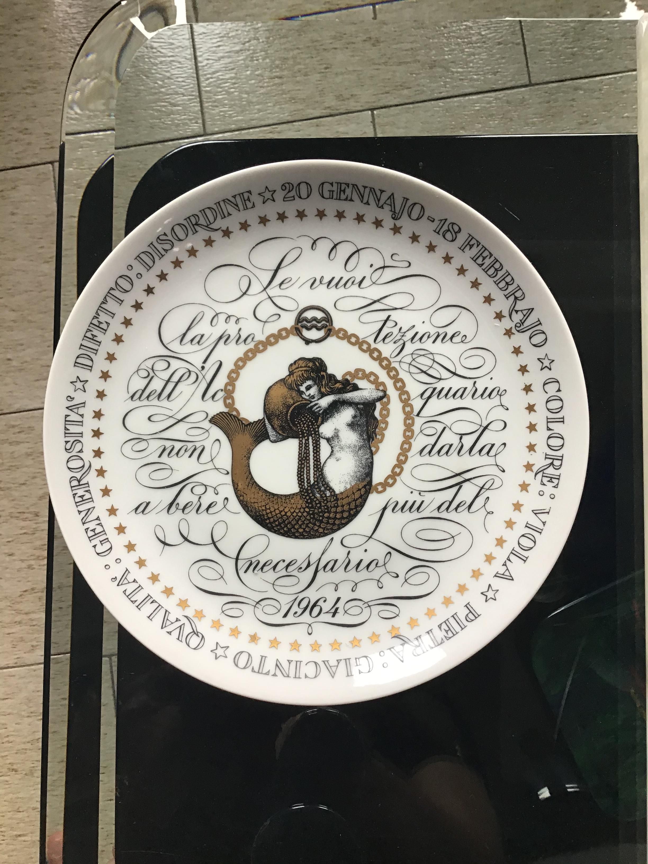 Piero Fornasetti Plate Aquarius Zodiac Sign Porcelain 1964, Italy For Sale 2