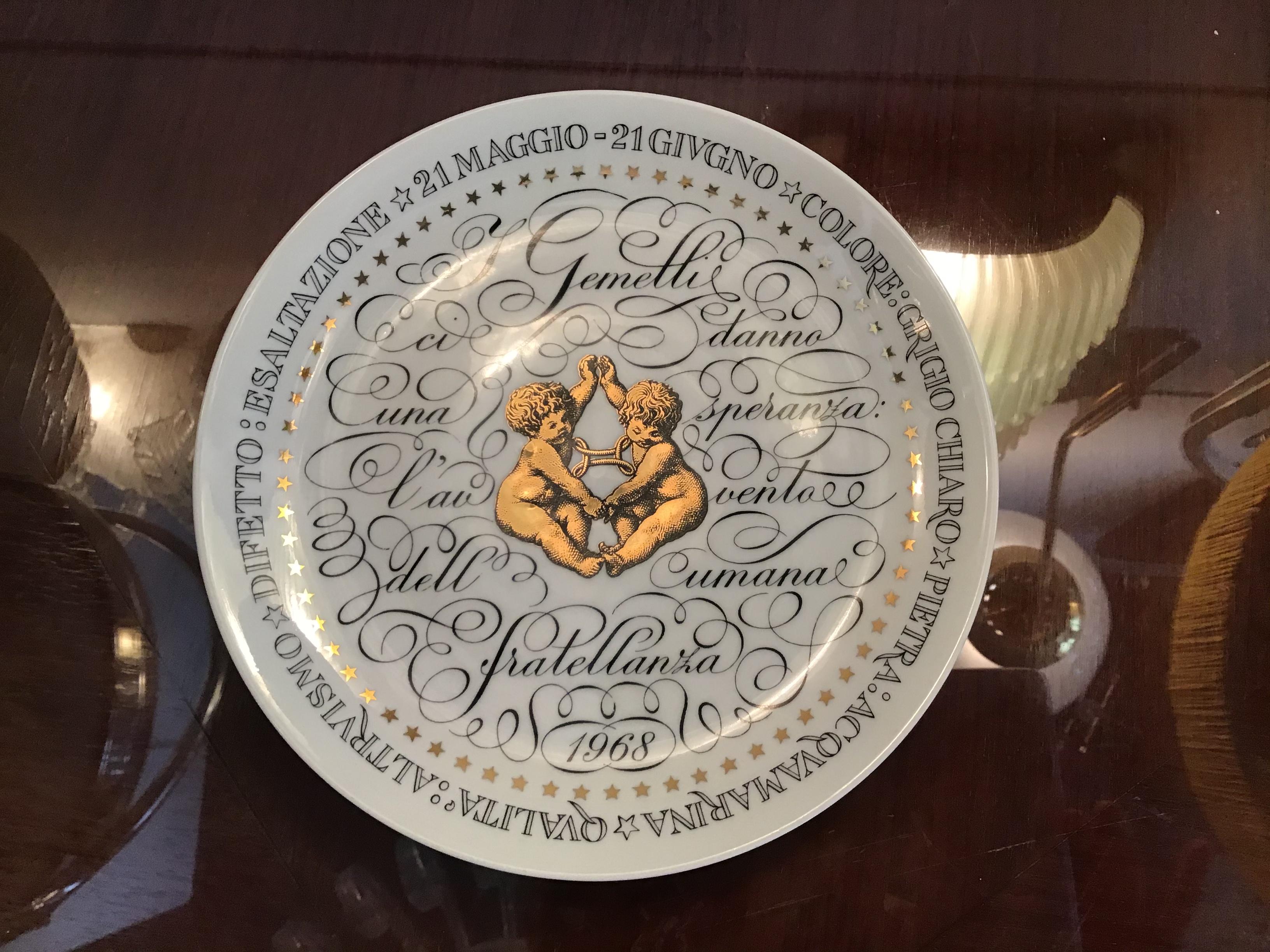 Other Piero Fornasetti Plate Gemini Zodiac Sign 1968 Porcelain, Italy