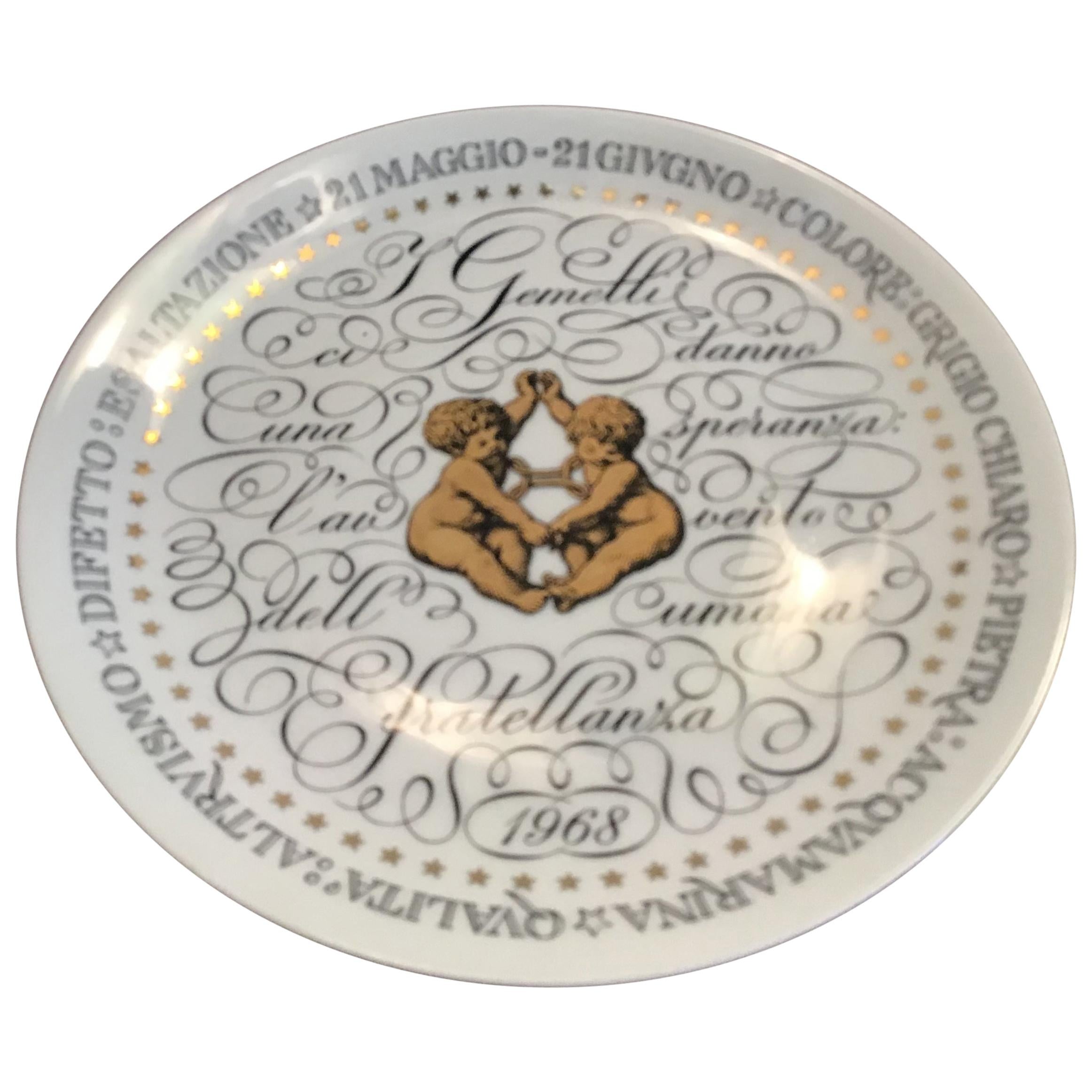 Piero Fornasetti Plate Gemini Zodiac Sign 1968 Porcelain, Italy