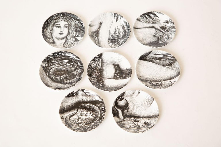 Mid-Century Modern Piero Fornasetti Porcelain Black and White Eve Coasters Vintage S/8 Barware For Sale