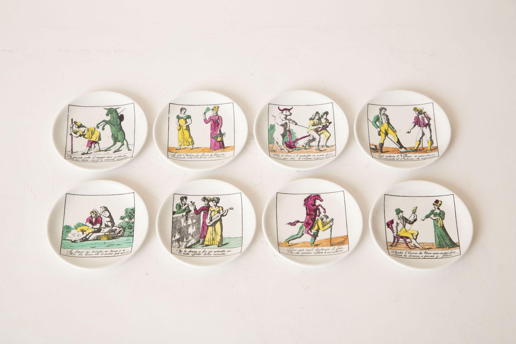 These theatrical vintage Piero Fornasetti complete set of 8 hand painted very colorful porcelain coasters and or small plates are Mid-Century Modern. They are for an opera and in translation of English for the opera mean Topsy Turvy. Great barware.