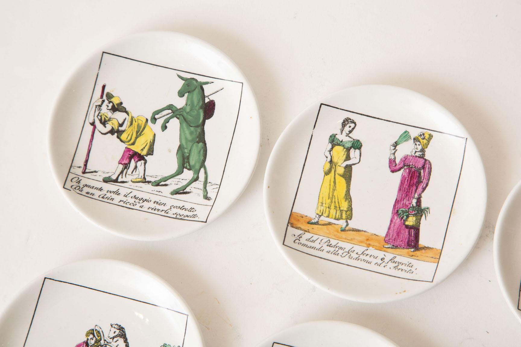 Mid-Century Modern Piero Fornasetti Porcelain Coasters Il Mondo Alla Rovescia Midcentury Set of 8  For Sale