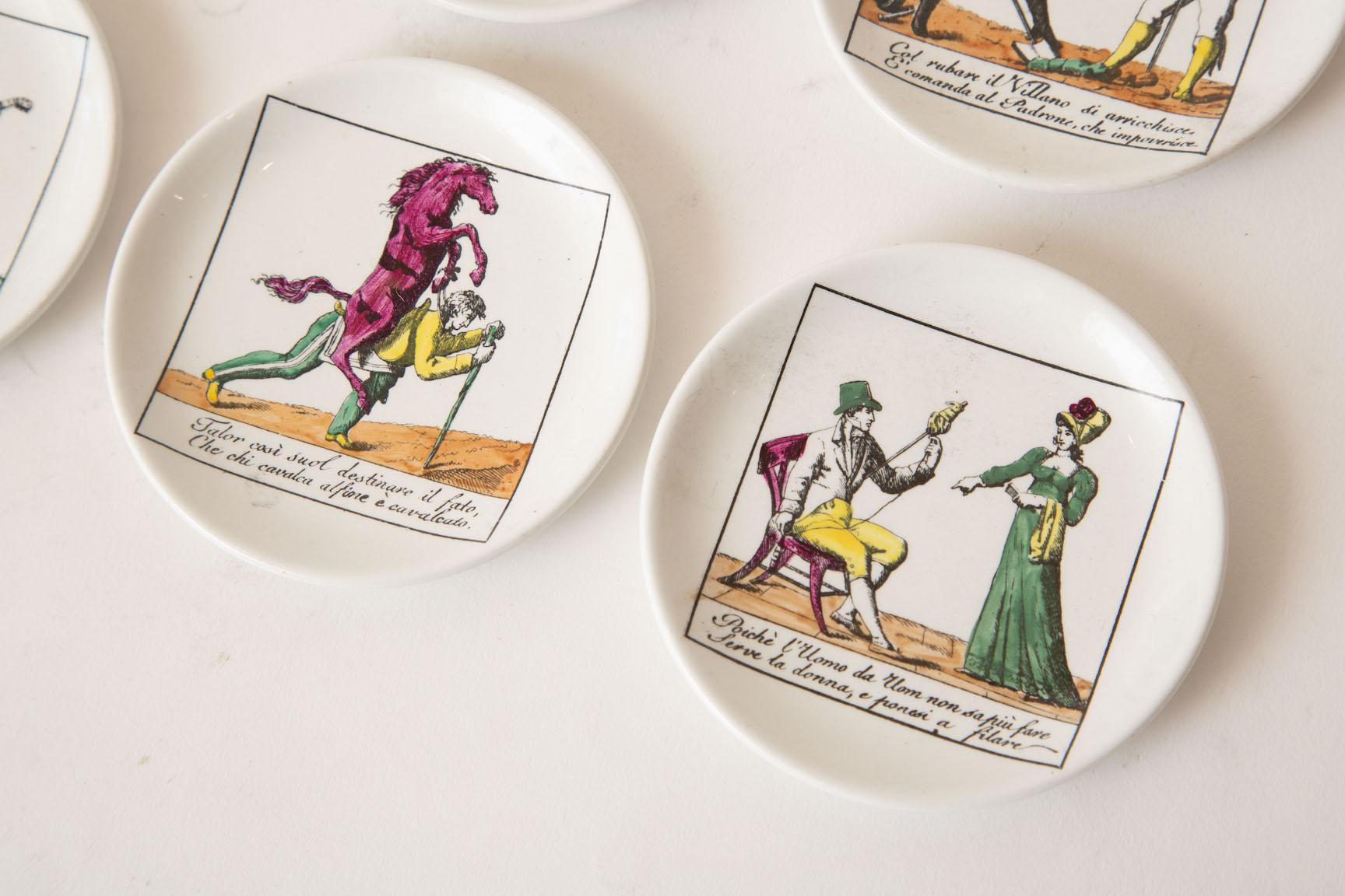 Piero Fornasetti Porcelain Coasters Il Mondo Alla Rovescia Midcentury Set of 8  Bon état - En vente à North Miami, FL