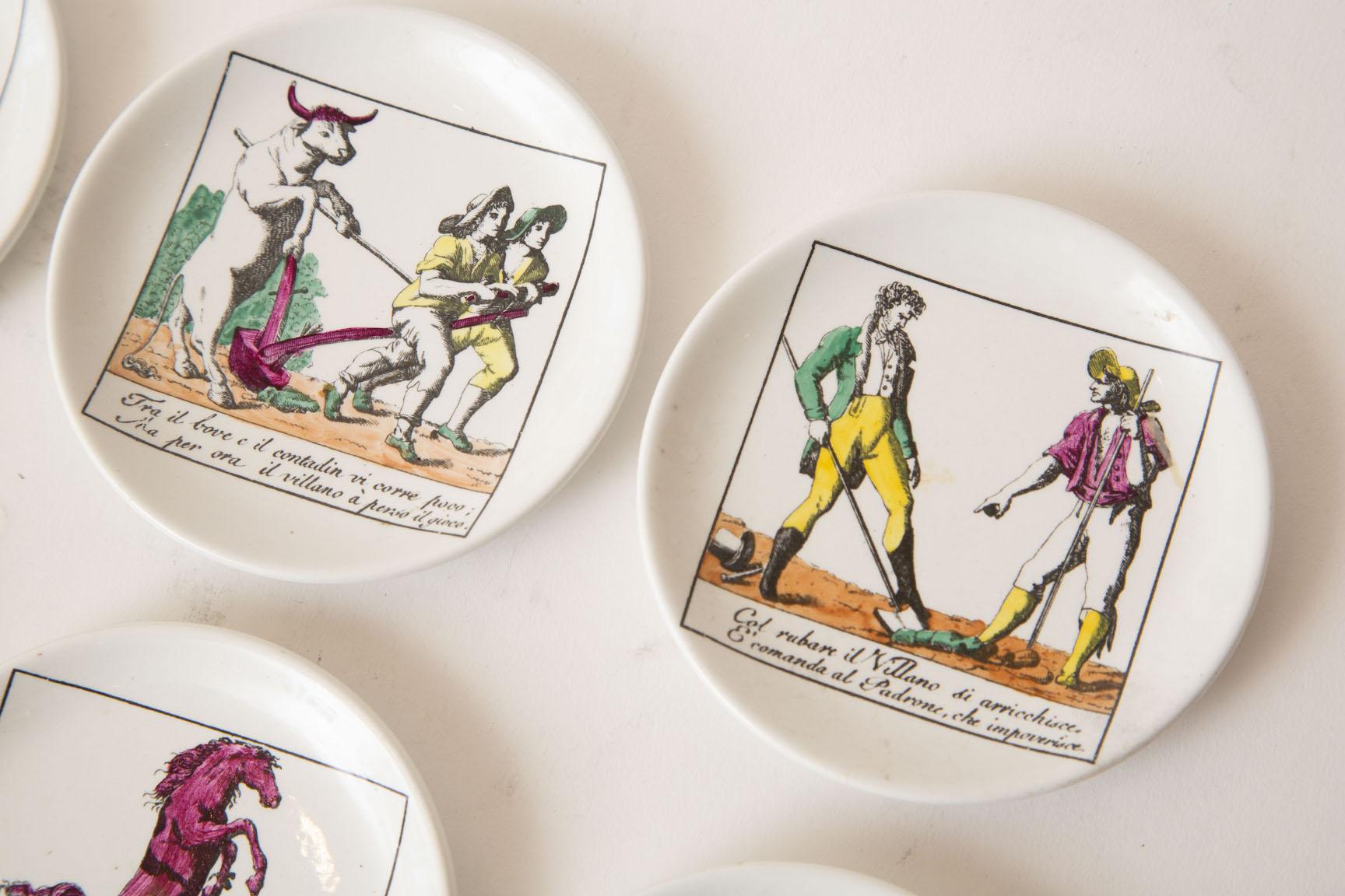 Milieu du XXe siècle Piero Fornasetti Porcelain Coasters Il Mondo Alla Rovescia Midcentury Set of 8  en vente