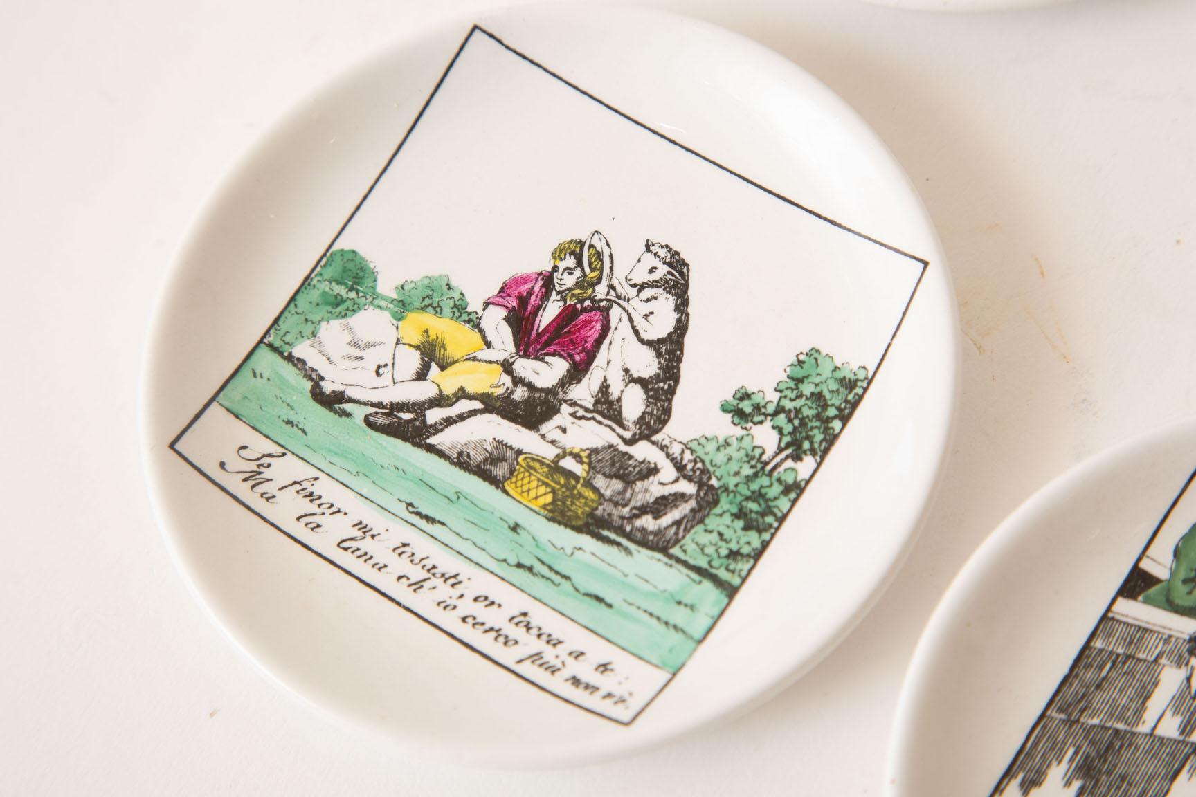 Piero Fornasetti Porcelain Coasters Il Mondo Alla Rovescia Midcentury Set of 8  For Sale 1
