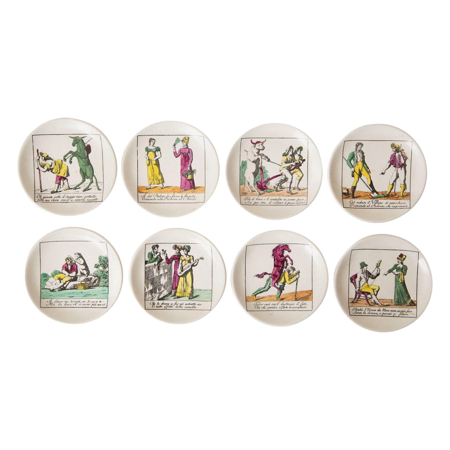 Piero Fornasetti Porzellan Untersetzer Il Mondo Alla Rovescia Midcentury Set /Acht