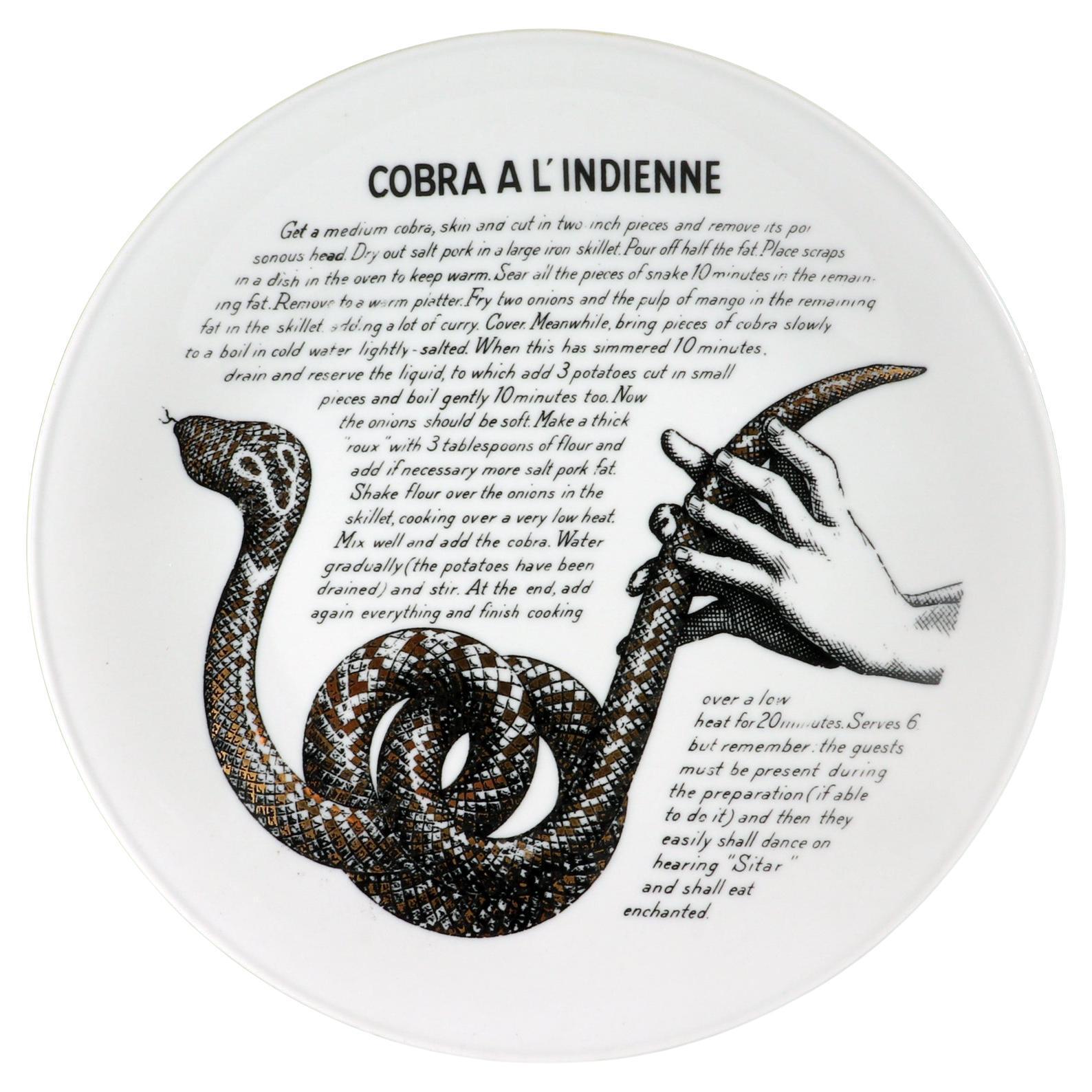 Piero Fornasetti Porcelain Cook Pattern Plate,
Cobra a L'Indienne,
Made for Fleming Joffe,
1967-1974

From a set of fourteen,  We have an example of eah of the different plates made in this limited edition series-please inquire.

Piero Fornasetti