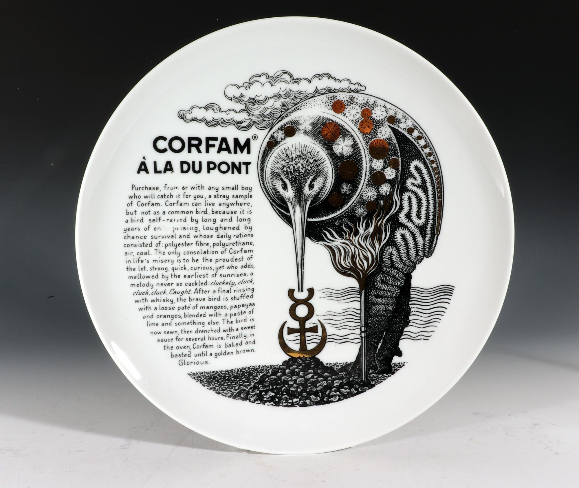 Piero Fornasetti Porcelain Cook Pattern Plate,
Corfam a La Du Pont,
Made for Fleming Joffe,
1967-1974
From a collection of all fourteen different examples made- inquire regarding the others.

Piero Fornasetti was commissioned by Fleming Joffe, a