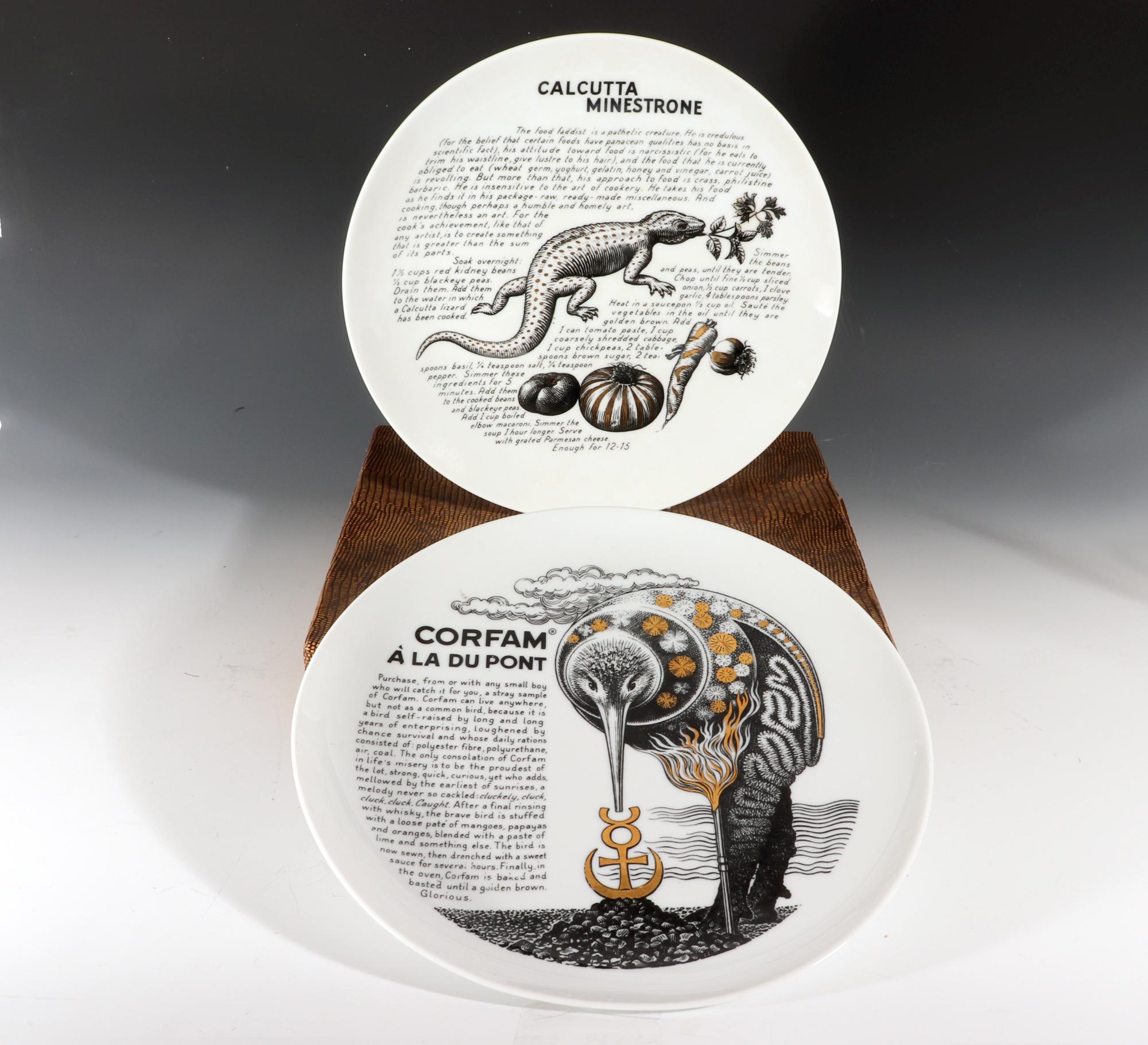 Piero Fornasetti Platos de cocina de porcelana-Calcutta Minestrone y Corfam Du Pont Moderno de mediados de siglo en venta