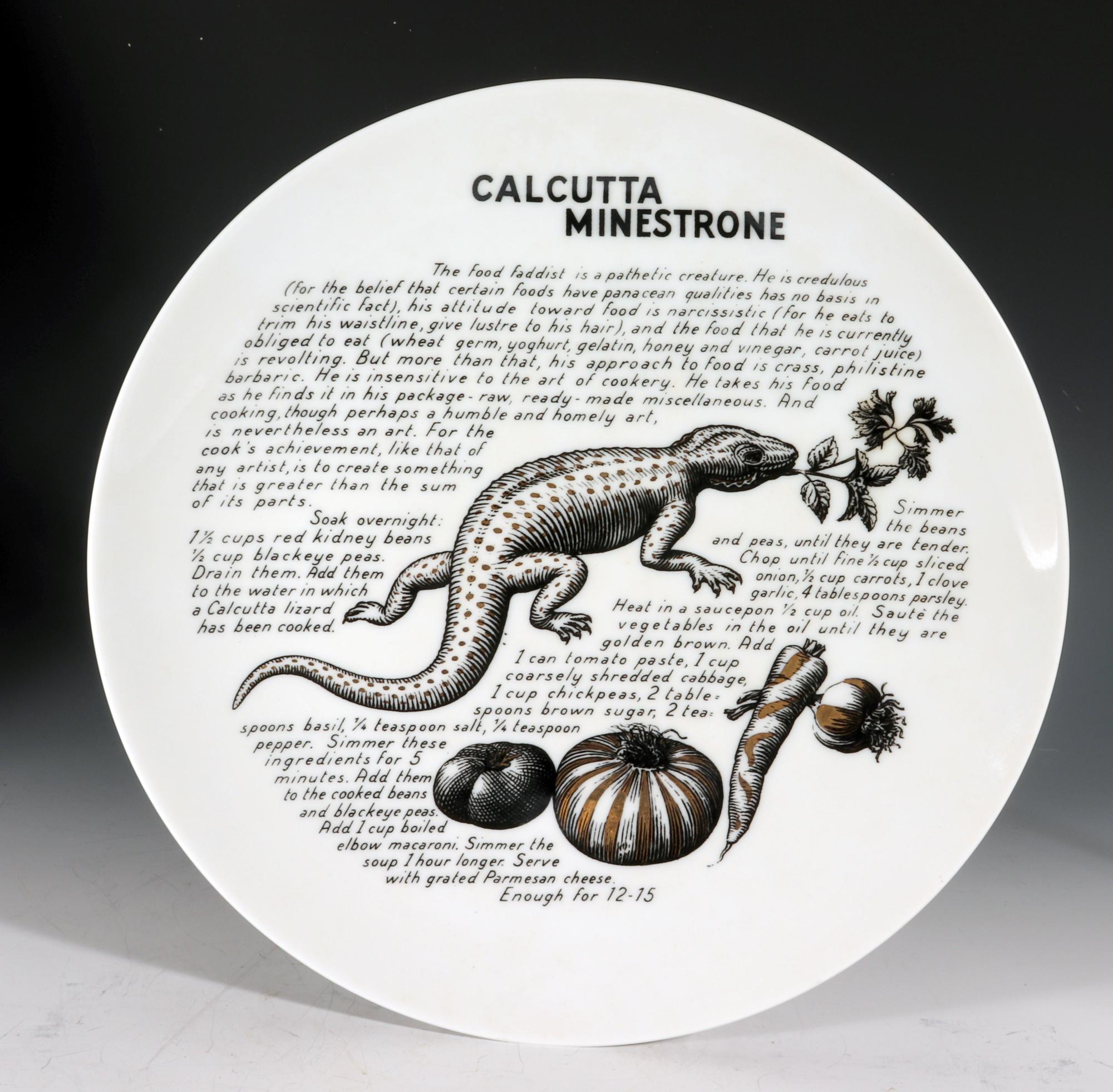Italian Piero Fornasetti Porcelain Cook Plates-Calcutta Minestrone and Corfam Du Pont For Sale