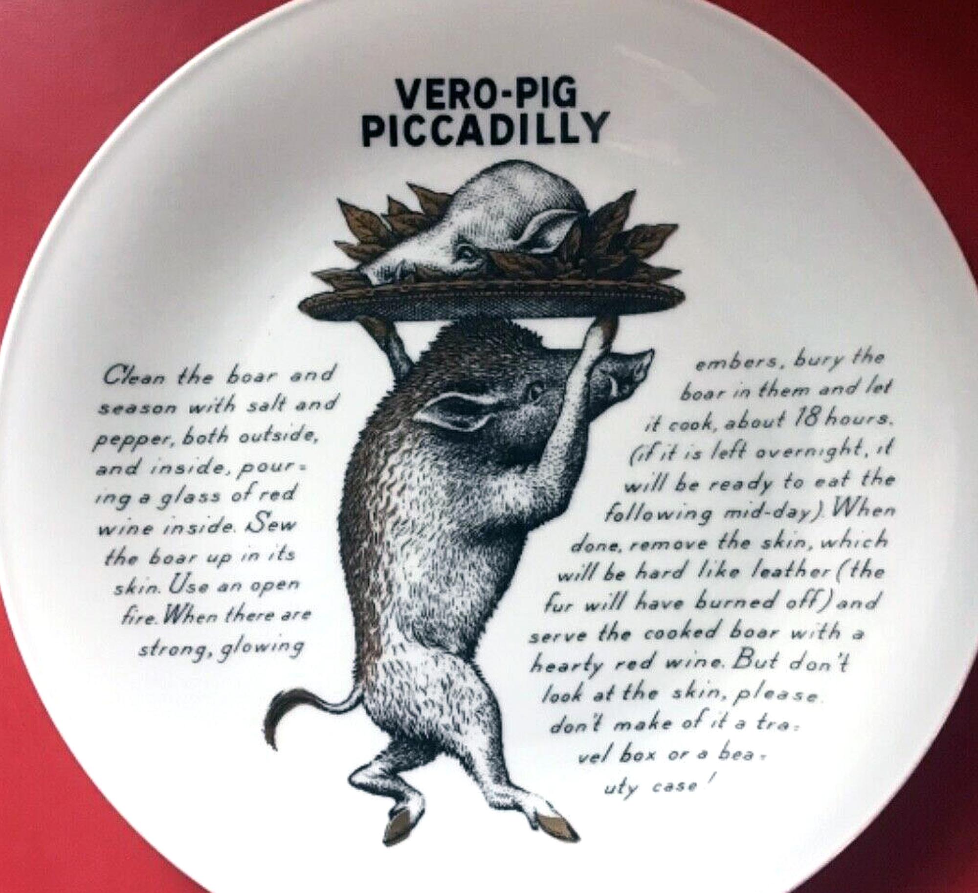 Mid-Century Modern Piero Fornasetti Porcelain Fleming Joffe Plate-Vero Pig Piccadilly For Sale