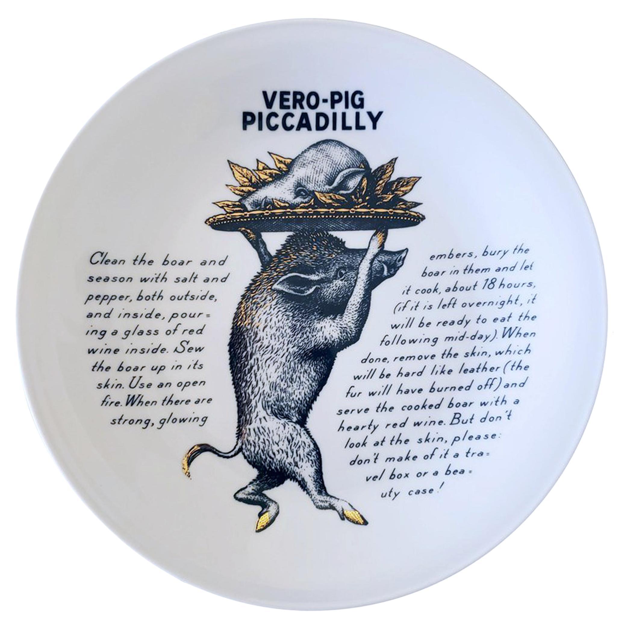 Piero Fornasetti Porcelain Fleming Joffe Plate-Vero Pig Piccadilly For Sale