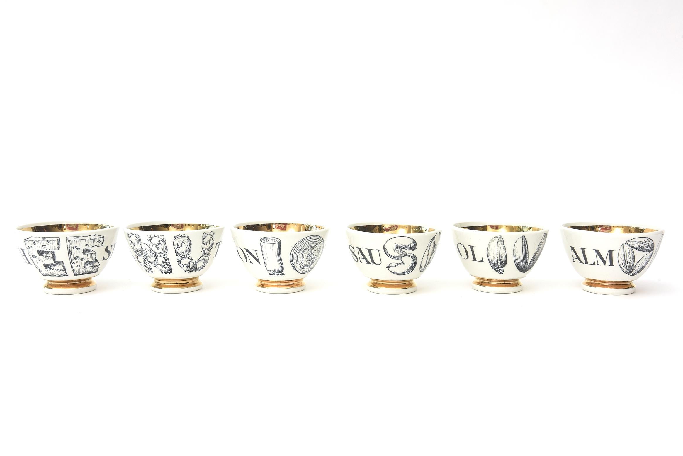 Piero Fornasetti Porcelain and Gilded Appetizer Bowls Midcentury Barware Set / 6 For Sale 2
