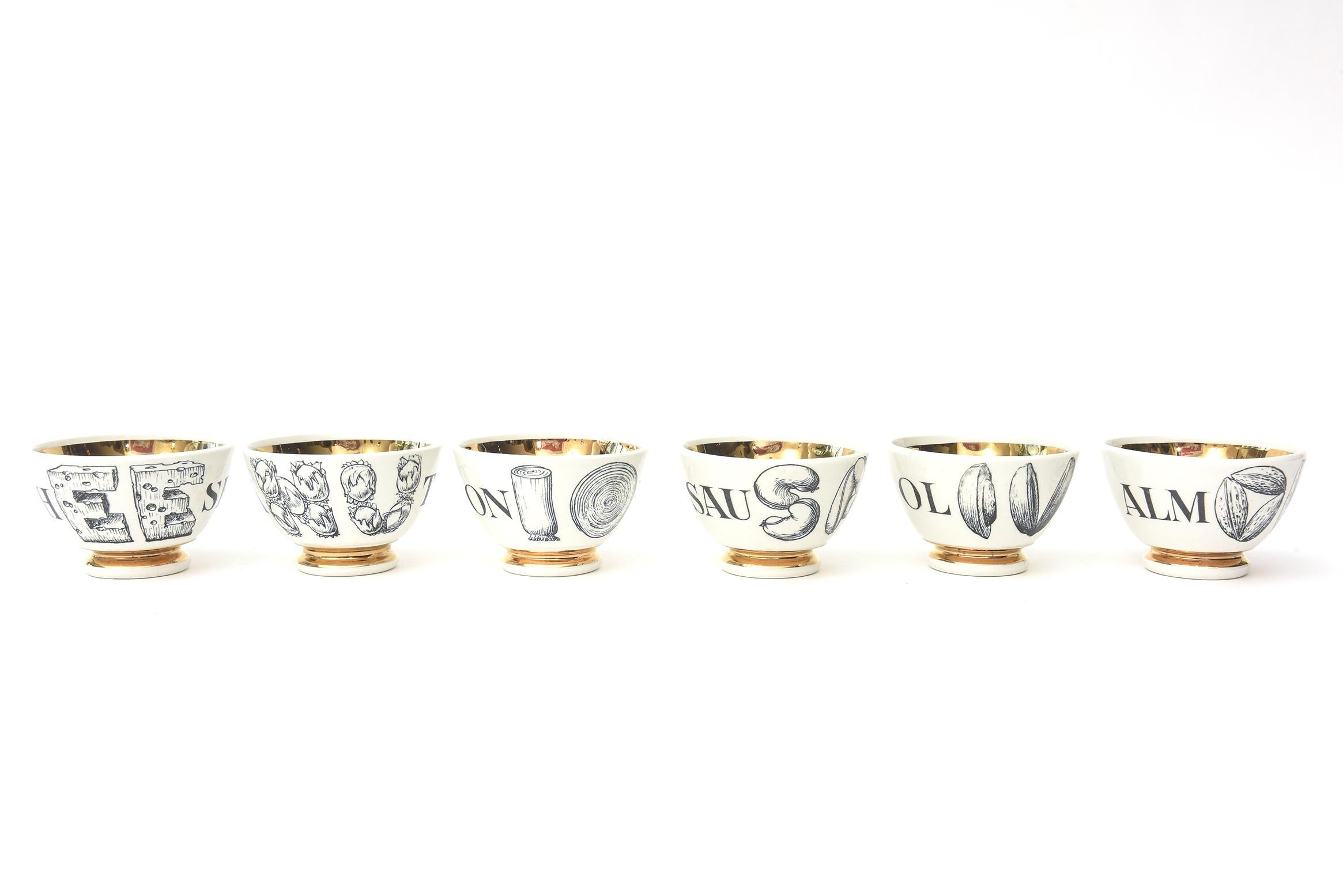 Piero Fornasetti Porzellan und vergoldete Appetizerschalen Midcentury Barware Set / 6 im Angebot 4