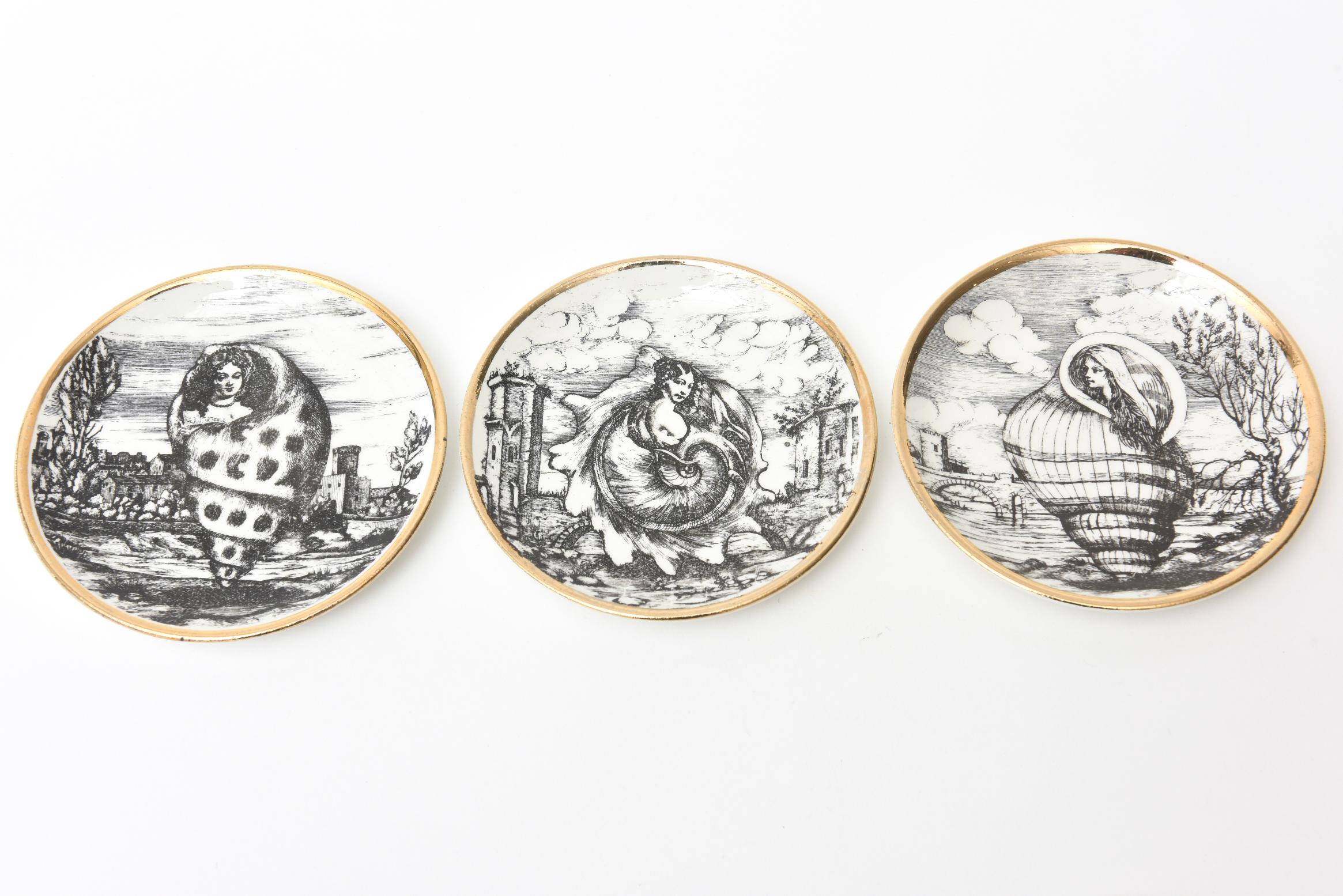 Mid-Century Modern Piero Fornasetti Porcelain Gilded Coasters Titled 