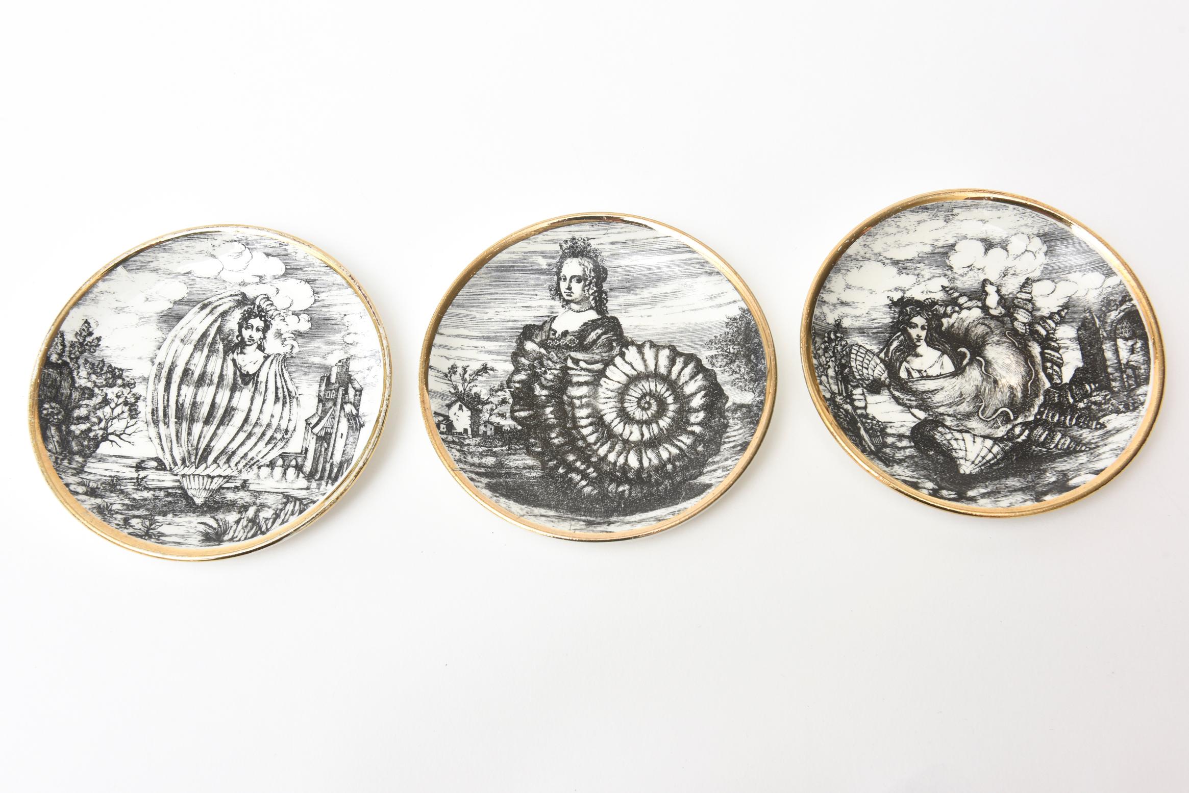 Italian Piero Fornasetti Porcelain Gilded Coasters Titled 