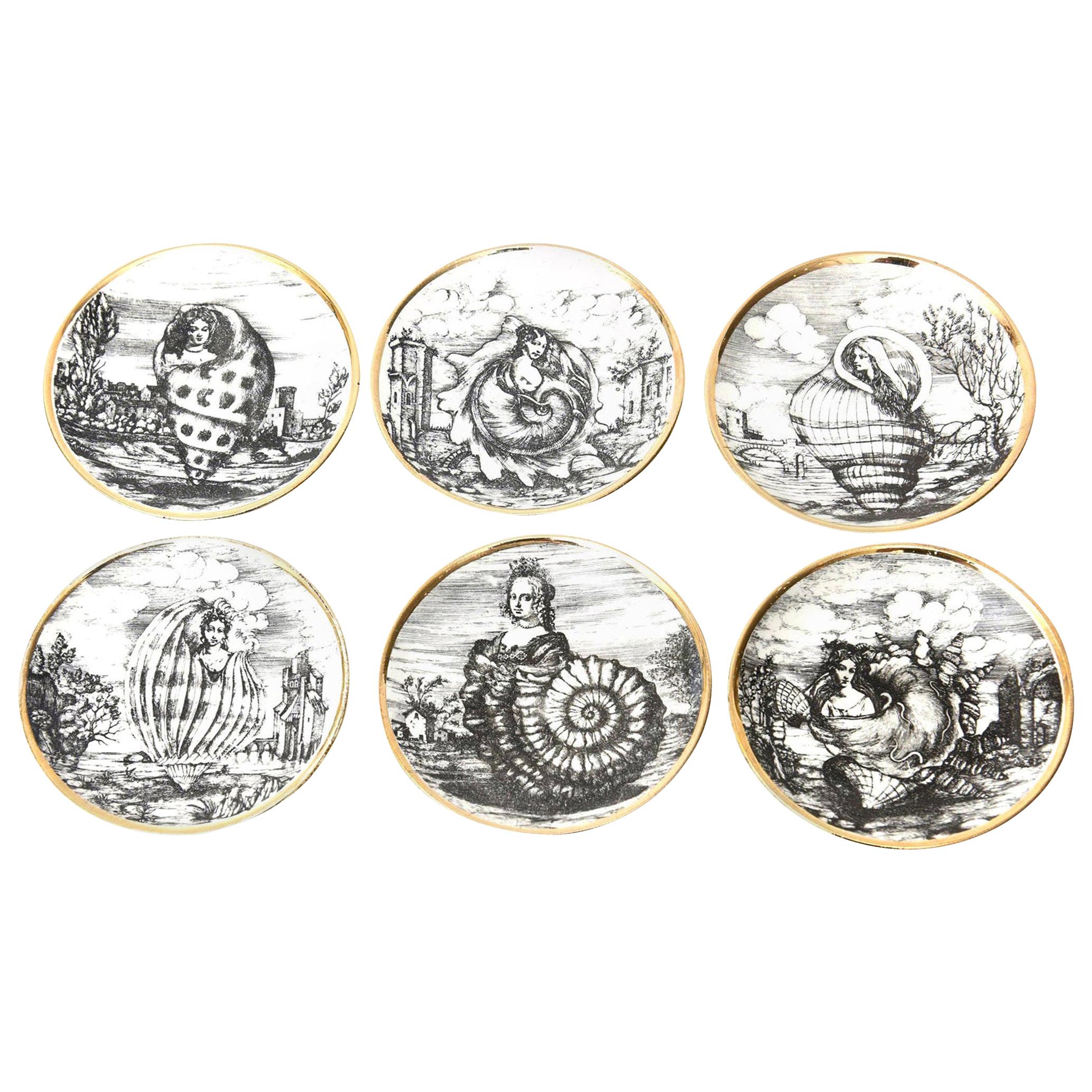 Piero Fornasetti Porcelain Gilded Coasters Titled "Le Oceandi", Set of 6 Barware