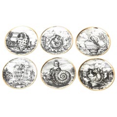 Piero Fornasetti Porcelain Gilded Coasters Titled "Le Oceandi", Set of 6 Barware