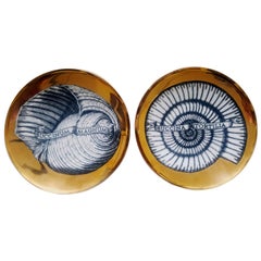 Piero Fornasetti Porcelain Gilt Pair of Seashell Plates, Conchyliorum Pattern