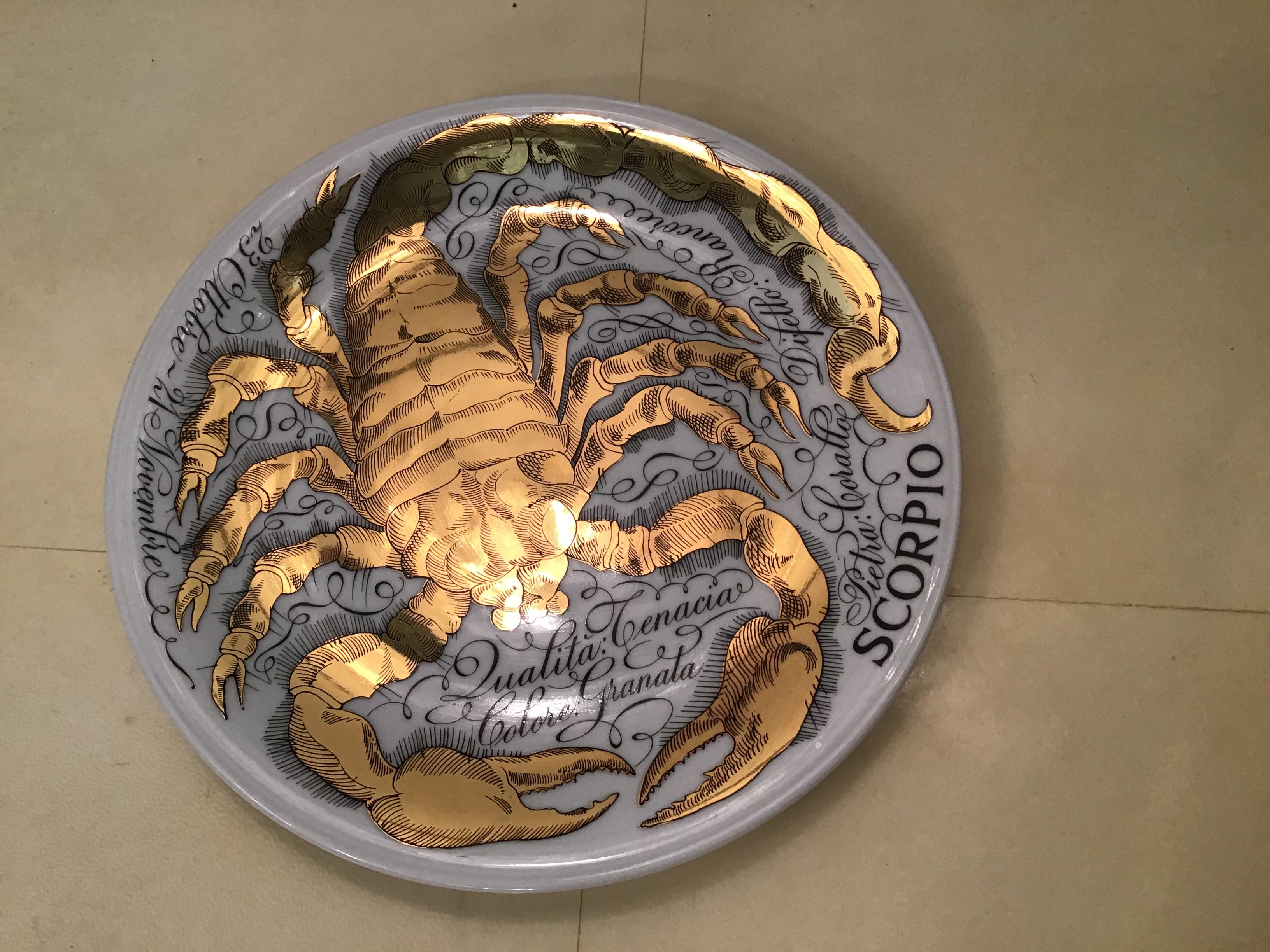 Other Piero Fornasetti Porcelain Gold Wall Plate Zodiac Sign Scorpion, 1967