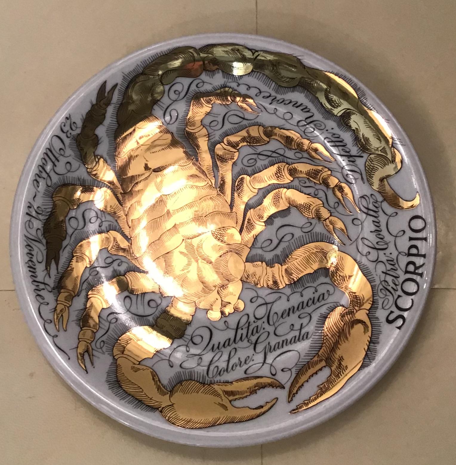 Italian Piero Fornasetti Porcelain Gold Wall Plate Zodiac Sign Scorpion, 1967