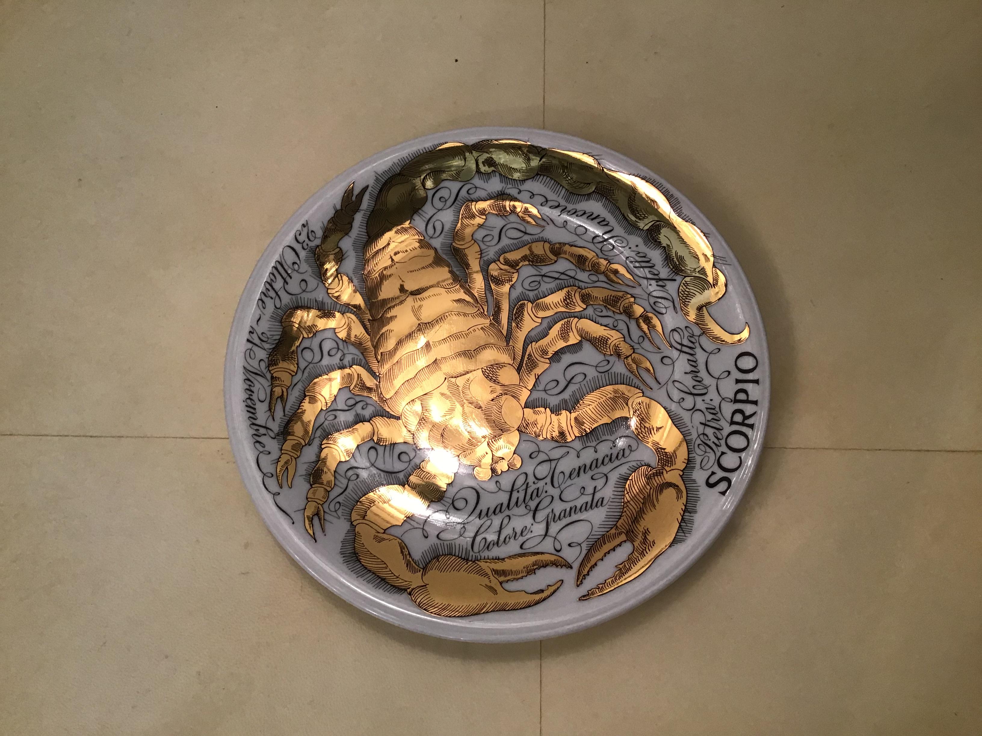 Mid-20th Century Piero Fornasetti Porcelain Gold Wall Plate Zodiac Sign Scorpion, 1967