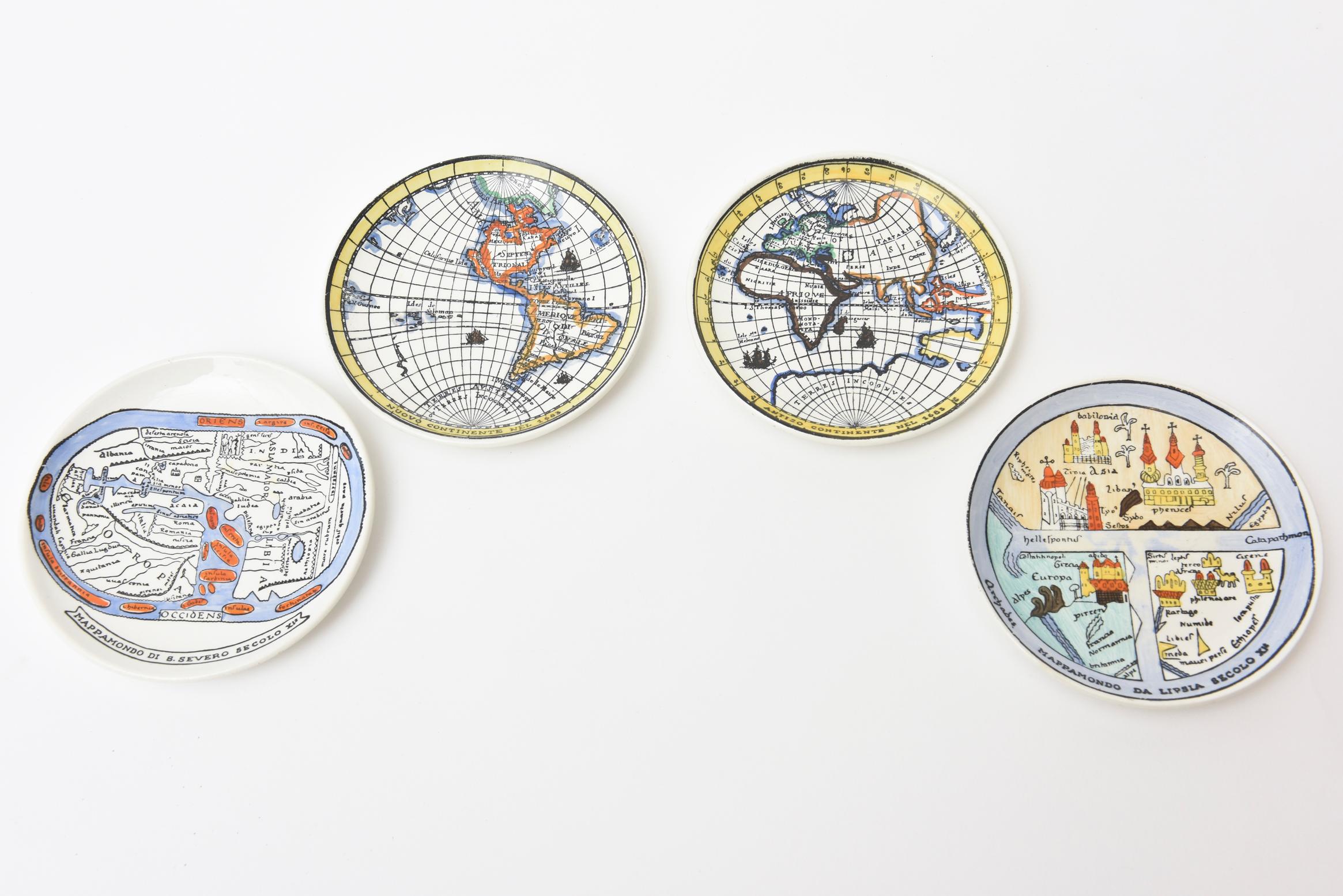 This set of 4 Mid-Century Modern Piero Fornasetti hand painted porcelain coasters are of antique maps. It is from the series of Antichi Planisferi. This was usually a set of 8 if indeed they could be found. These are not readily accessible now. This