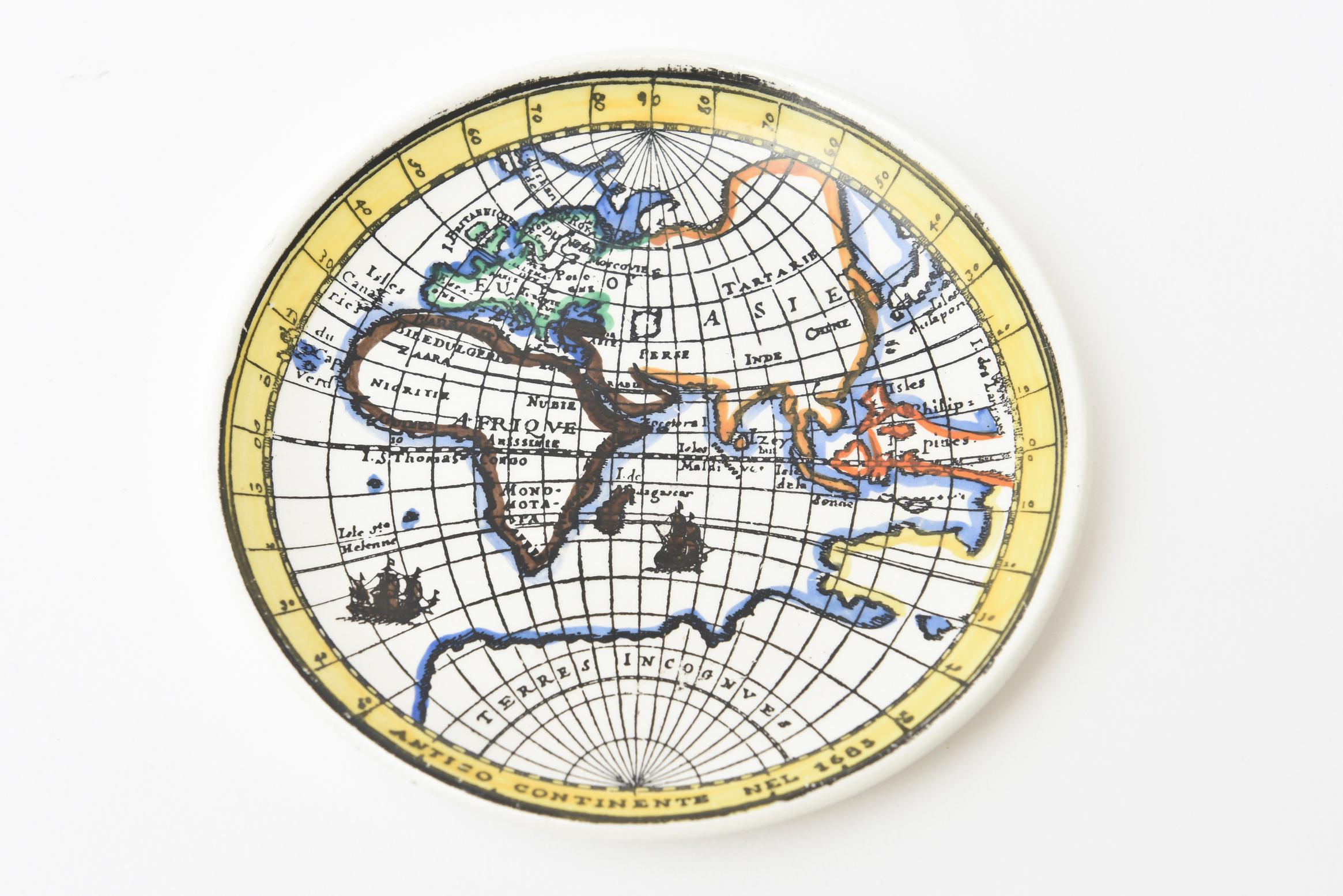 Italian Piero Fornasetti Porcelain Map Coasters from the Antichi Planisfori Barware