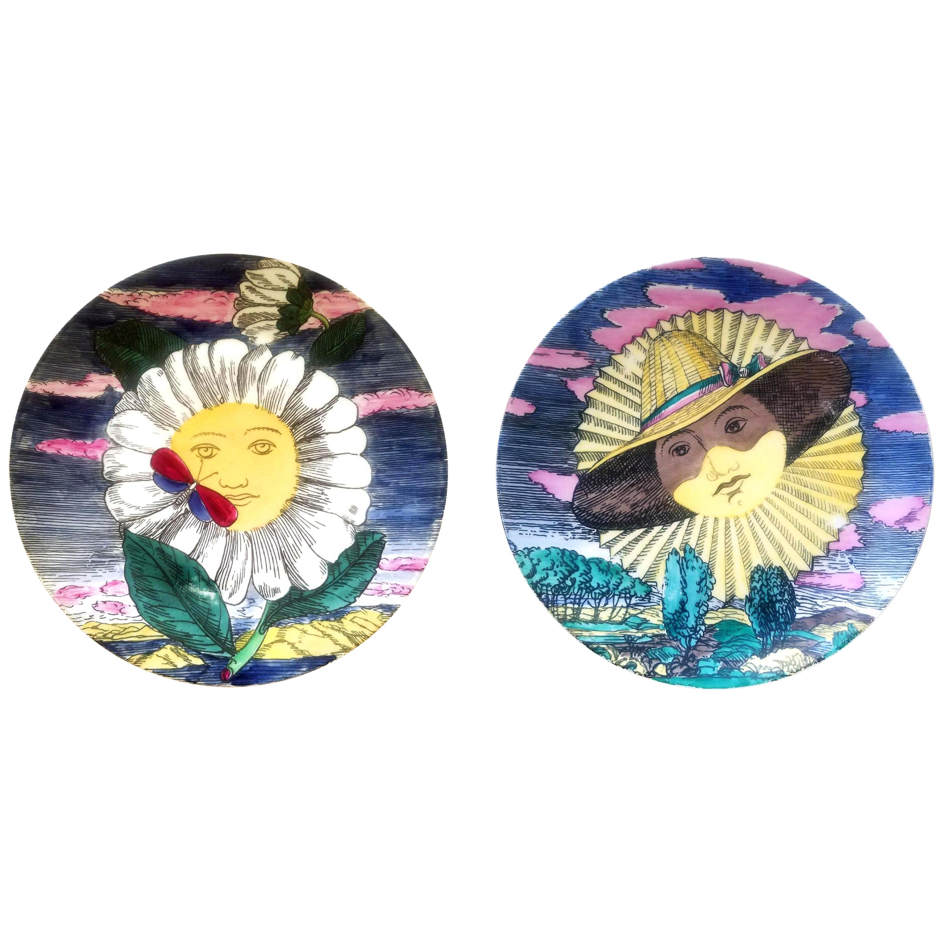 Piero Fornasetti Porcelain Mesi and Soli Pair of Plates 12 Suns 12 Months, 1955