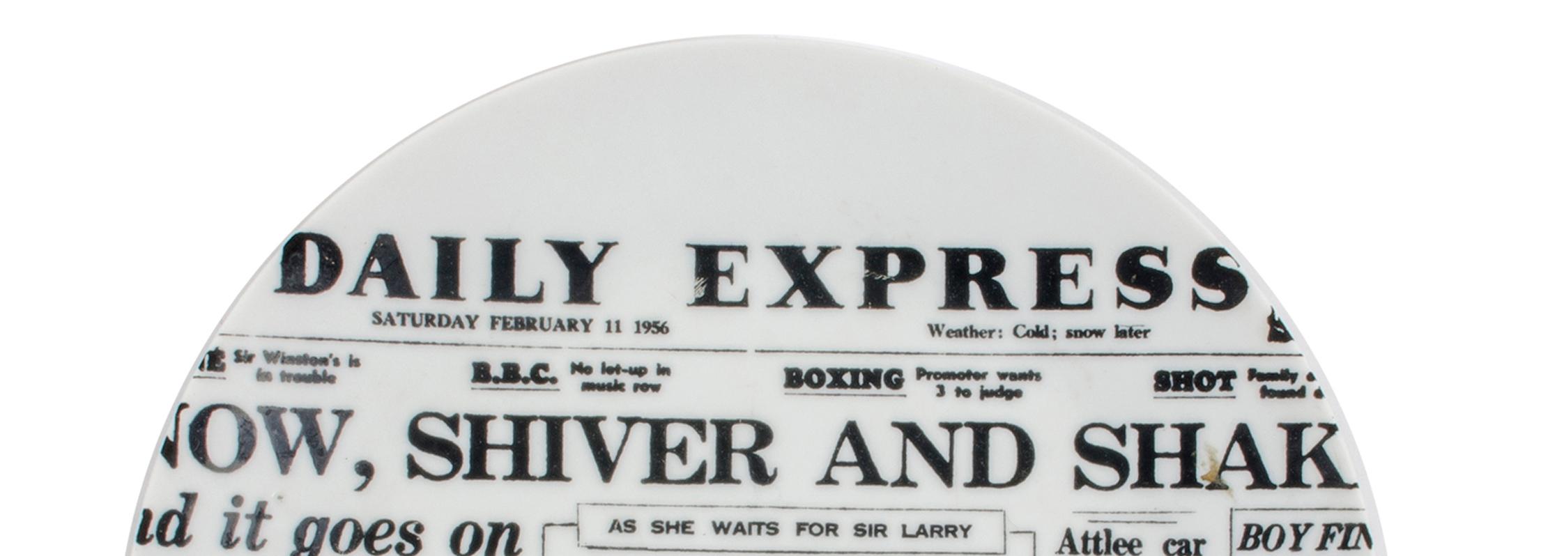 Mid-20th Century Piero Fornasetti Porcelain Newspaper Plate, Daily Express For Sale