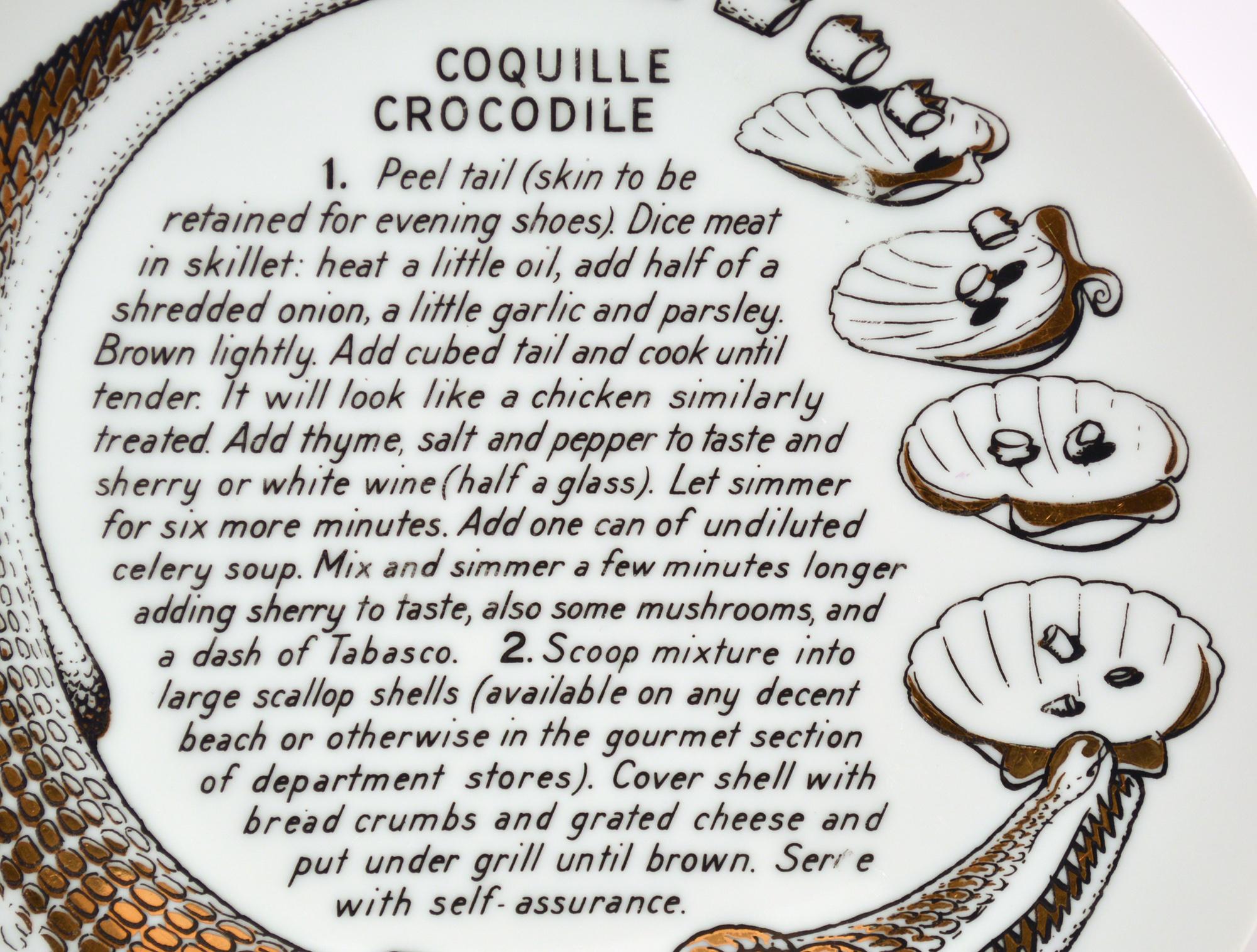 Piero Fornasetti Porcelain recipe Cook plate,
Coquille Crocodile,
Made for Fleming Joffe- Limited Private Edition,
1970's

Piero Fornasetti was commissioned by Fleming Joffe, a hide Company in New York to make a series of fanciful recipe plates to