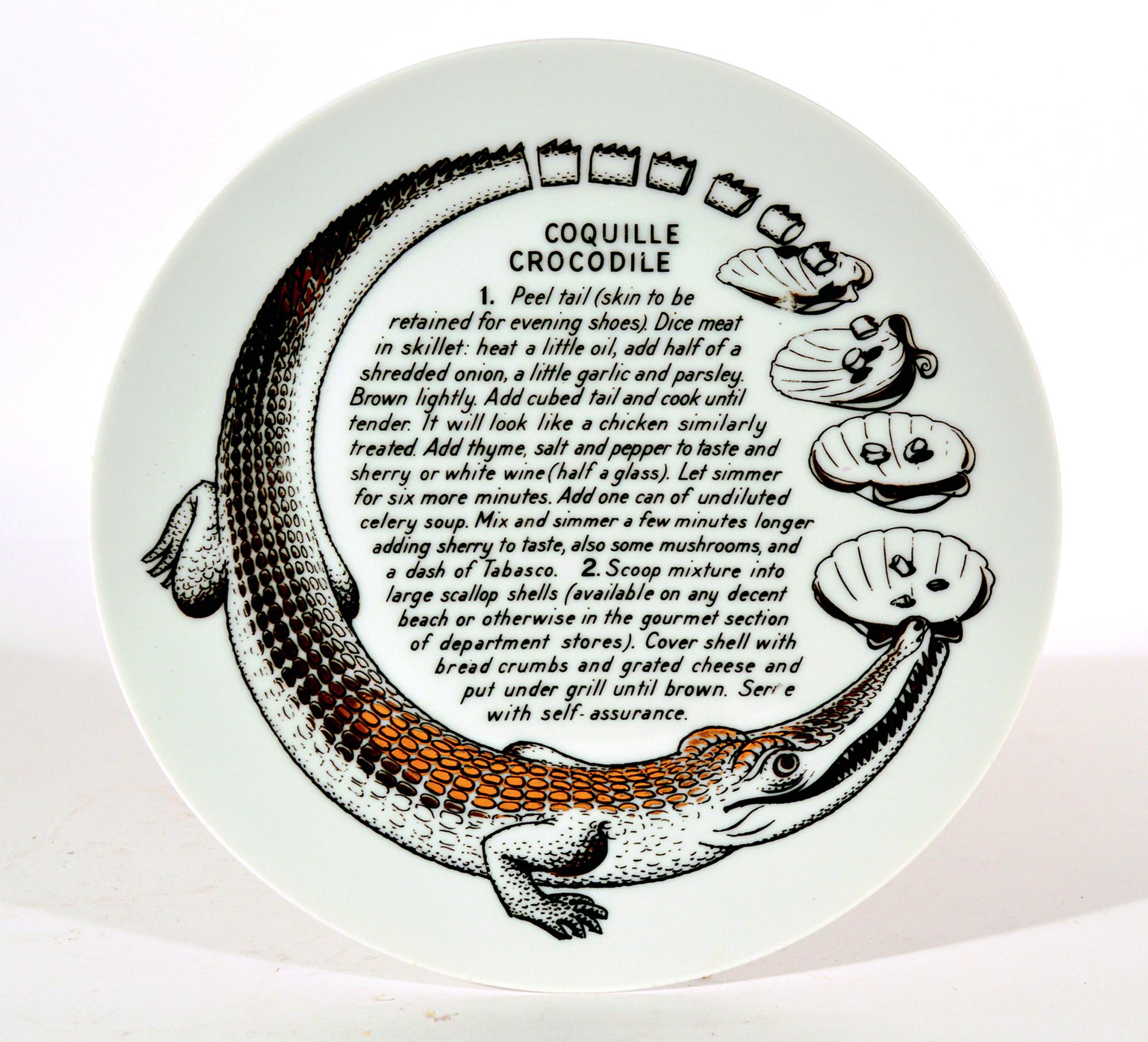 Mid-Century Modern Piero Fornasetti Porcelain Recipe Cook Plate, Coquille Crocodile, Fleming Joffe  For Sale